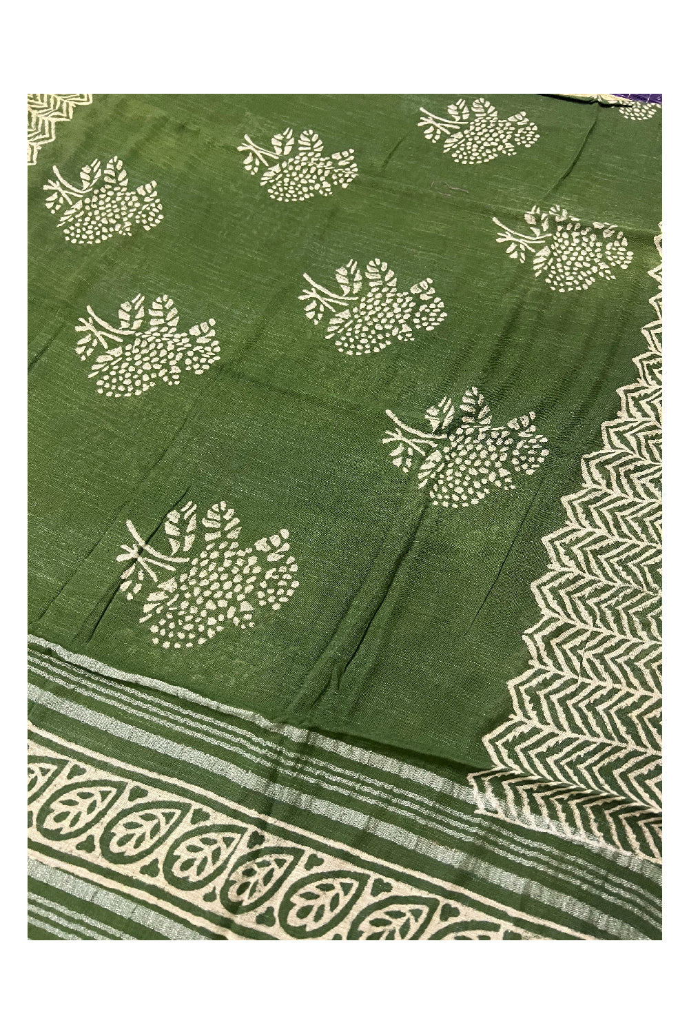 Southloom Linen Green Designer Saree with White Prints and Tassels on Pallu