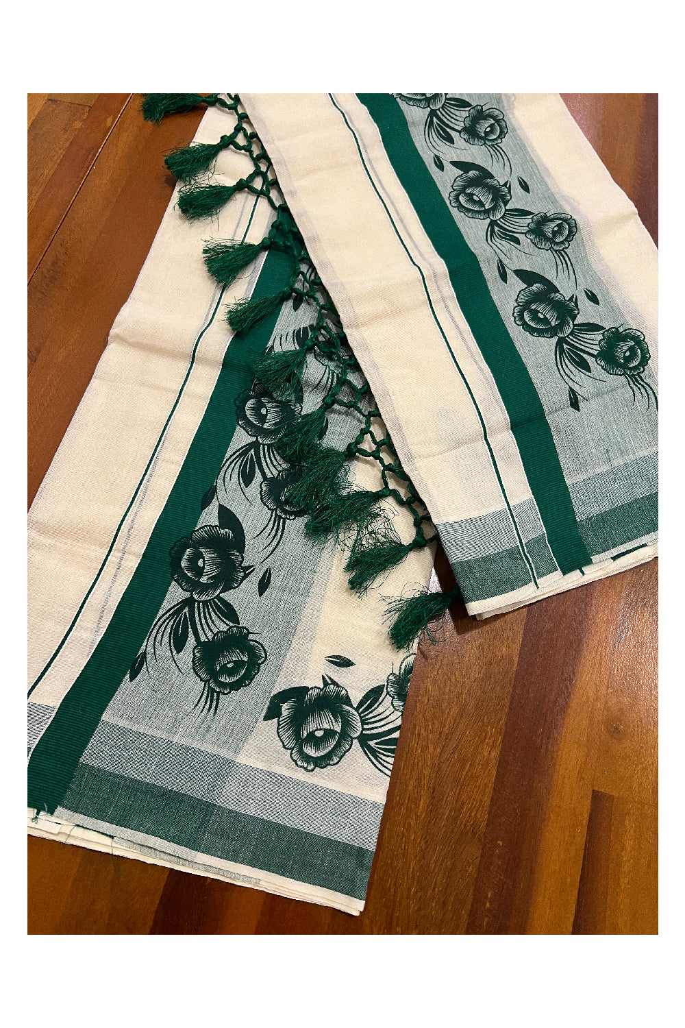 Kerala Cotton Set Mundu (Mundum Neriyathum) with Dark Green Floral Block Prints and Tassels Border