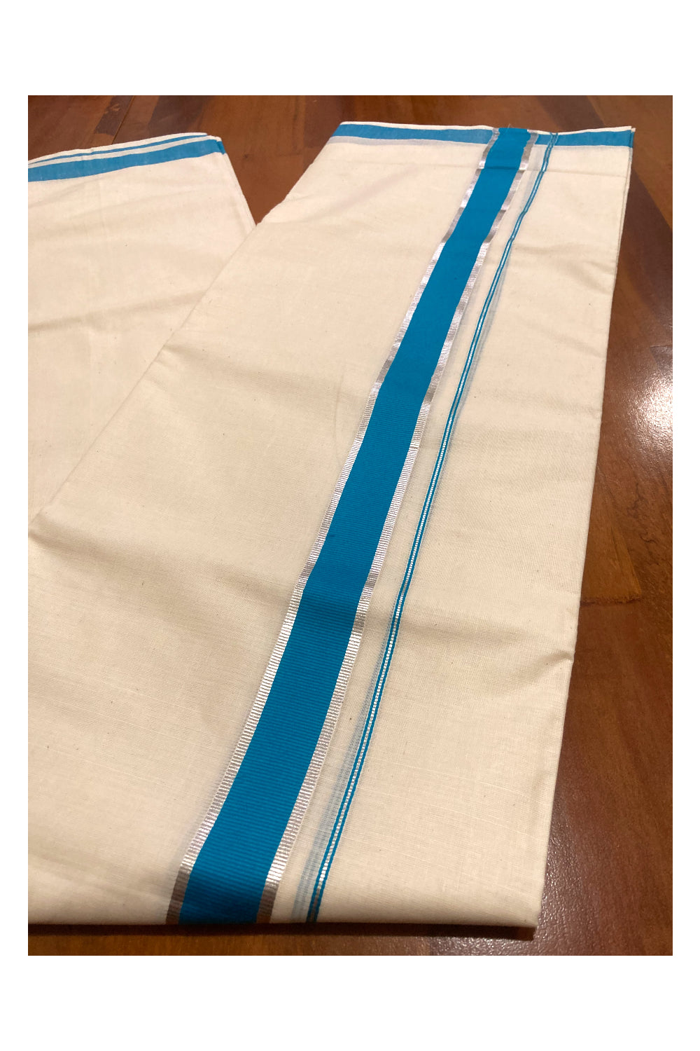 Pure Cotton Double Mundu with Blue and Silver Kasavu Border (South Indian Dhoti)