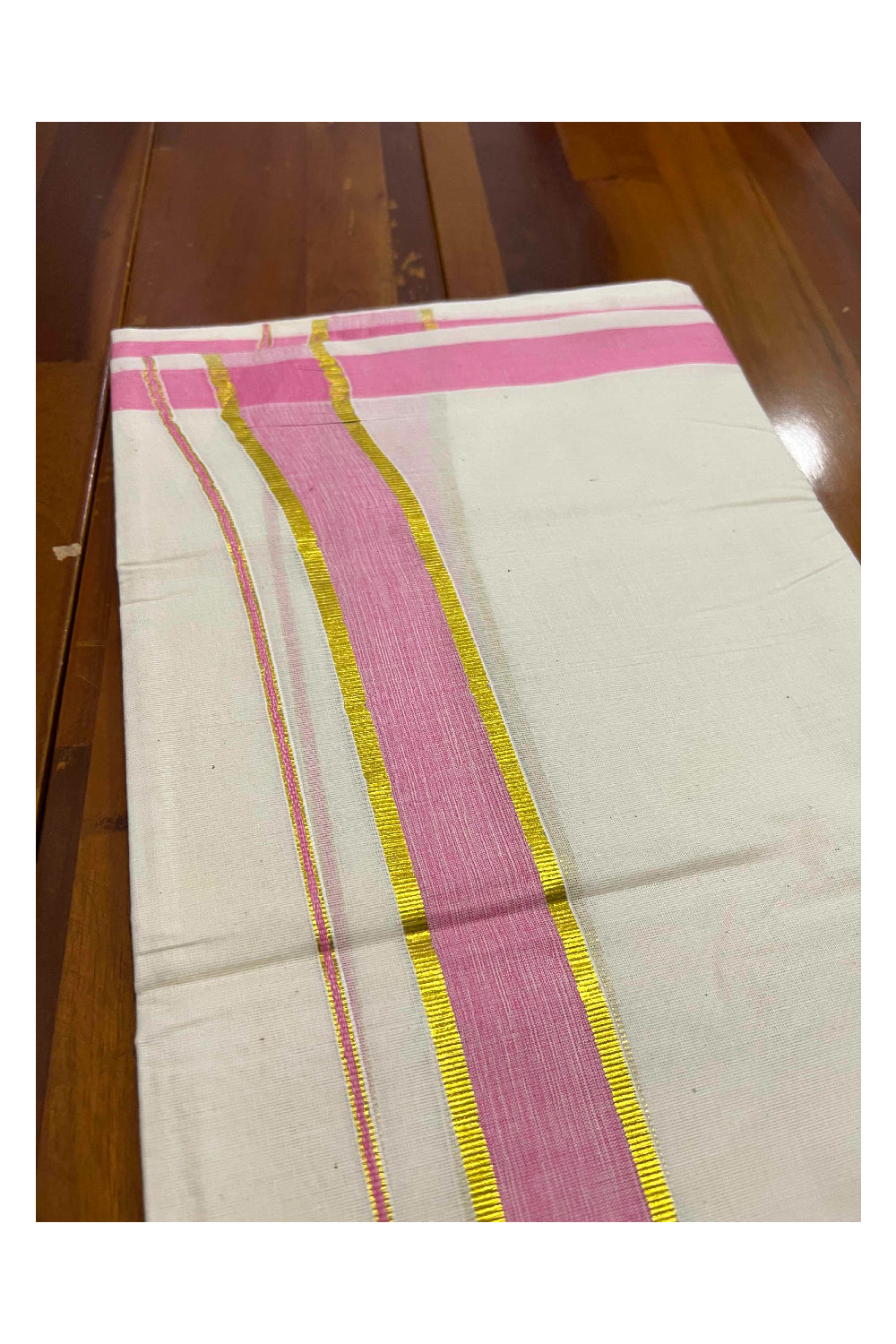 Off White Kerala Double Mundu with Kasavu and Pink Border (South Indian Dhoti)