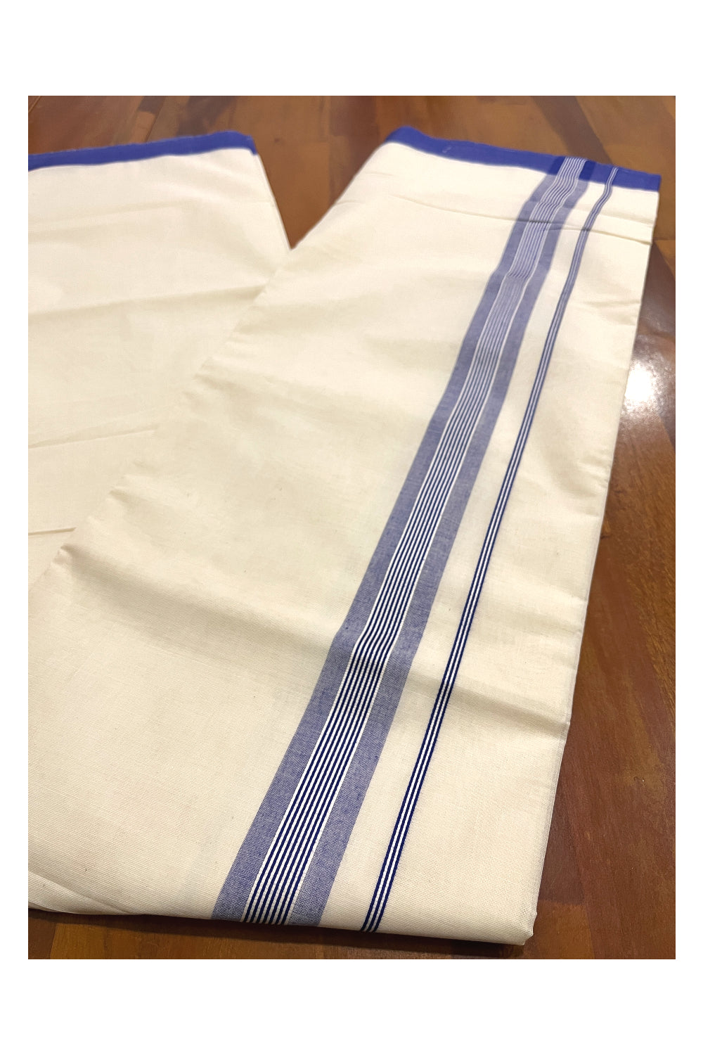 Pure Cotton Off White Double Mundu with Blue Kara (South Indian Dhoti)