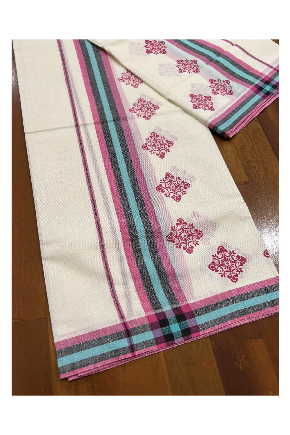 Kerala Cotton Mulloth Mundum Neriyathum Single (Set Mundu) with Pink Floral Block Print Border (Extra Soft Cotton)