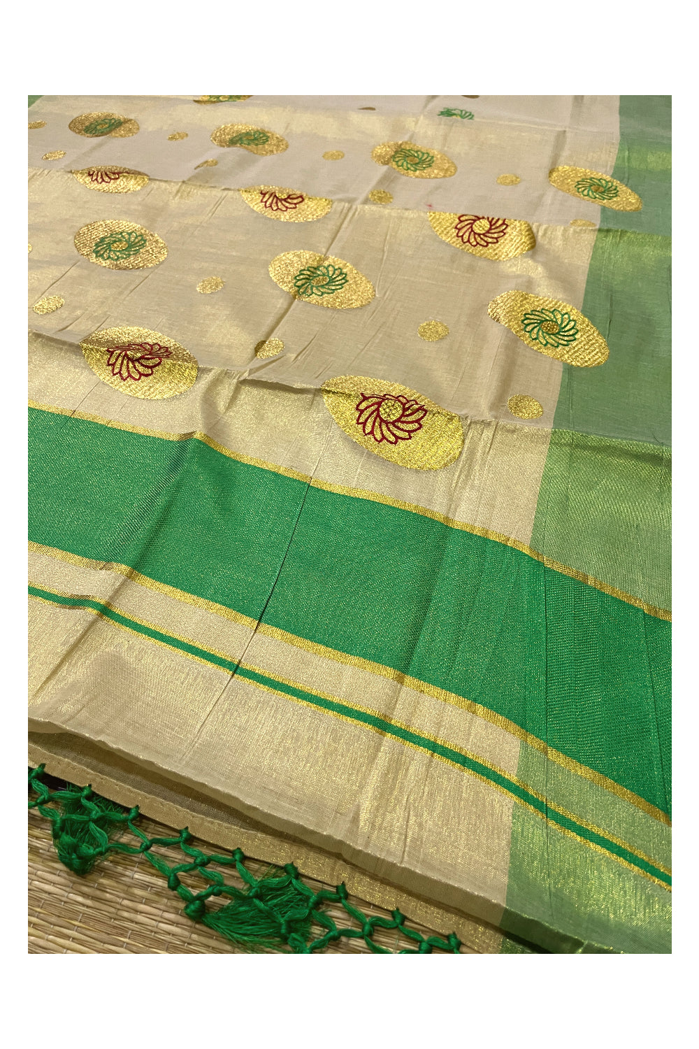 Kerala Tissue Kasavu Saree with Embroidery Works and Green Border