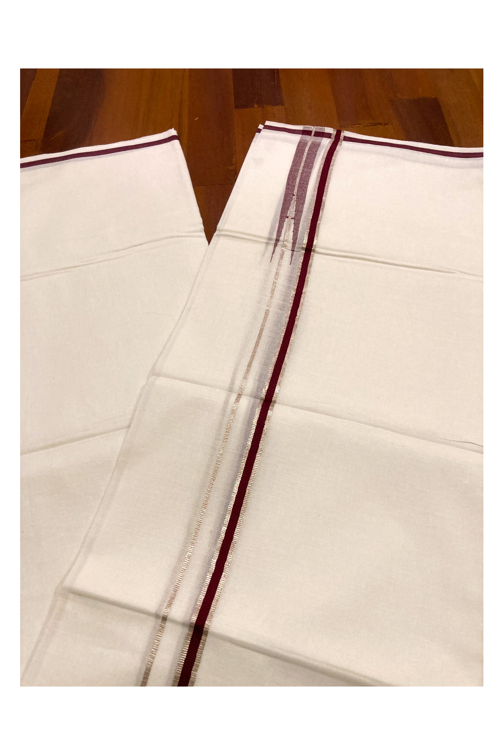 Pure White Kerala Cotton Double Mundu with Silver Kasavu and Dark Maroon Border (South Indian Dhoti)