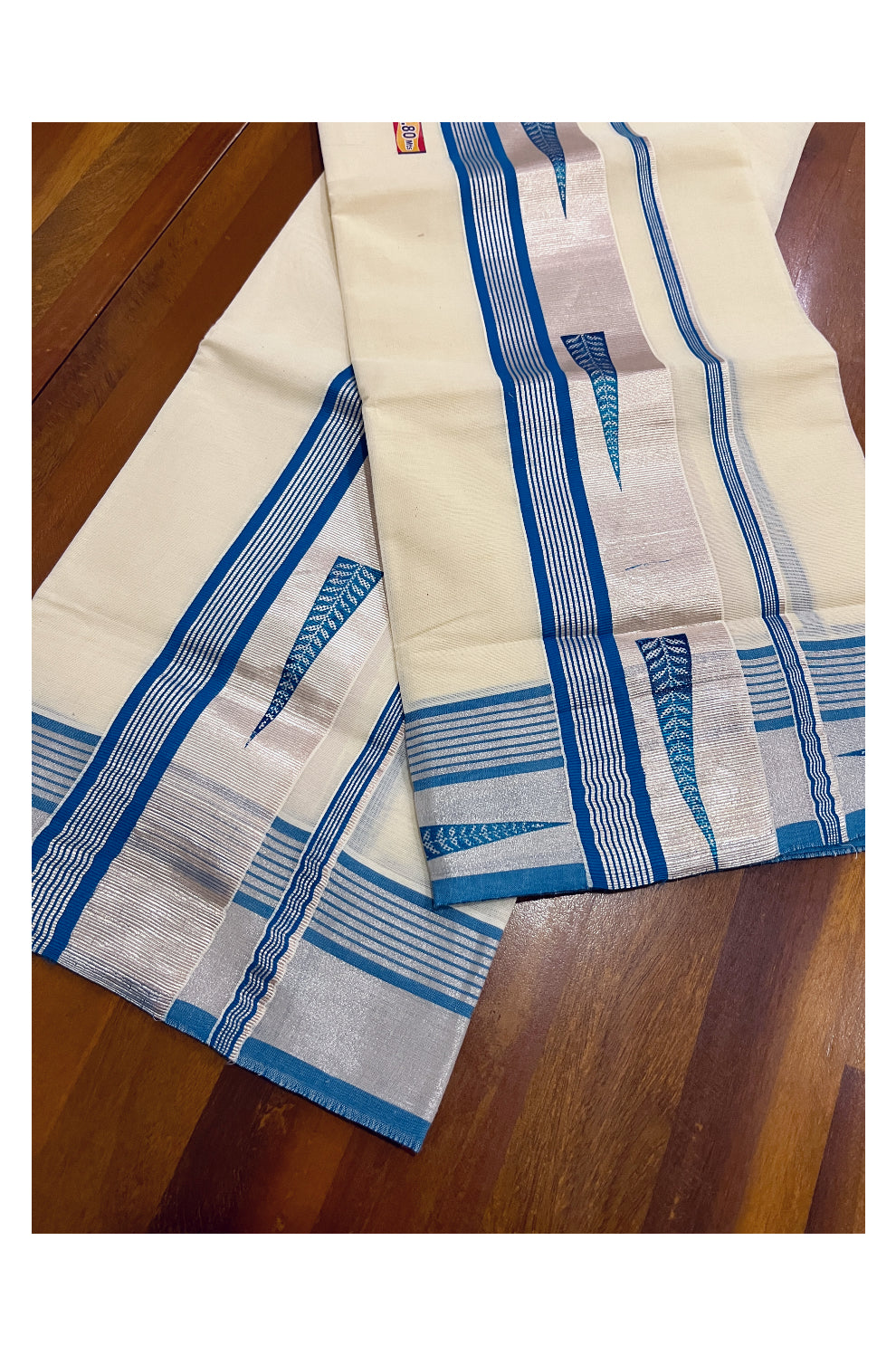 Pure Cotton SIlver Kasavu Single Set Mundu (Mundum Neriyathum Vishu 2023) with Blue Block Prints 2.80 Mtrs