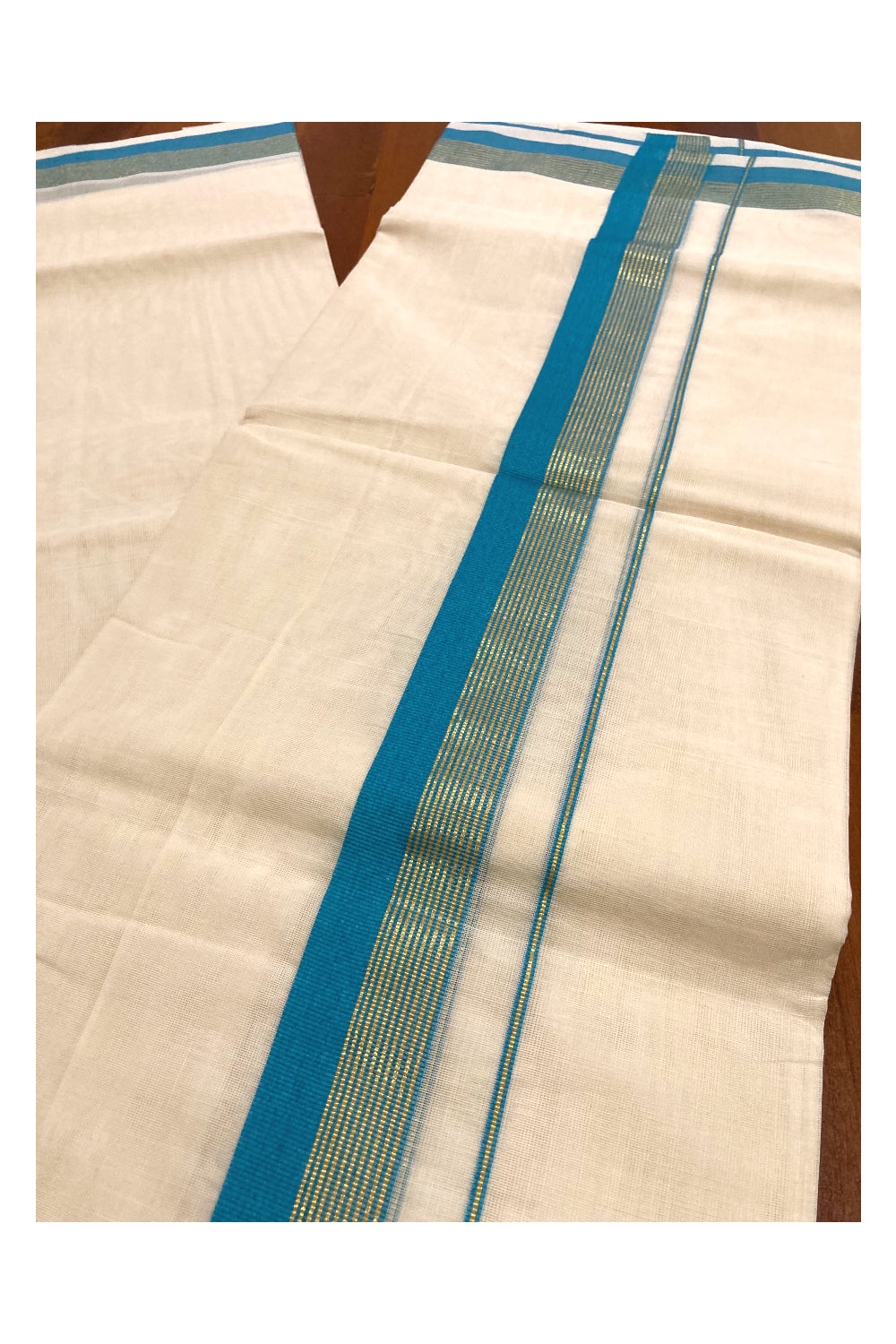 Southloom Premium Handloom Pure Cotton Mundu with Blue and Kasavu Lines Border (South Indian Dhoti)