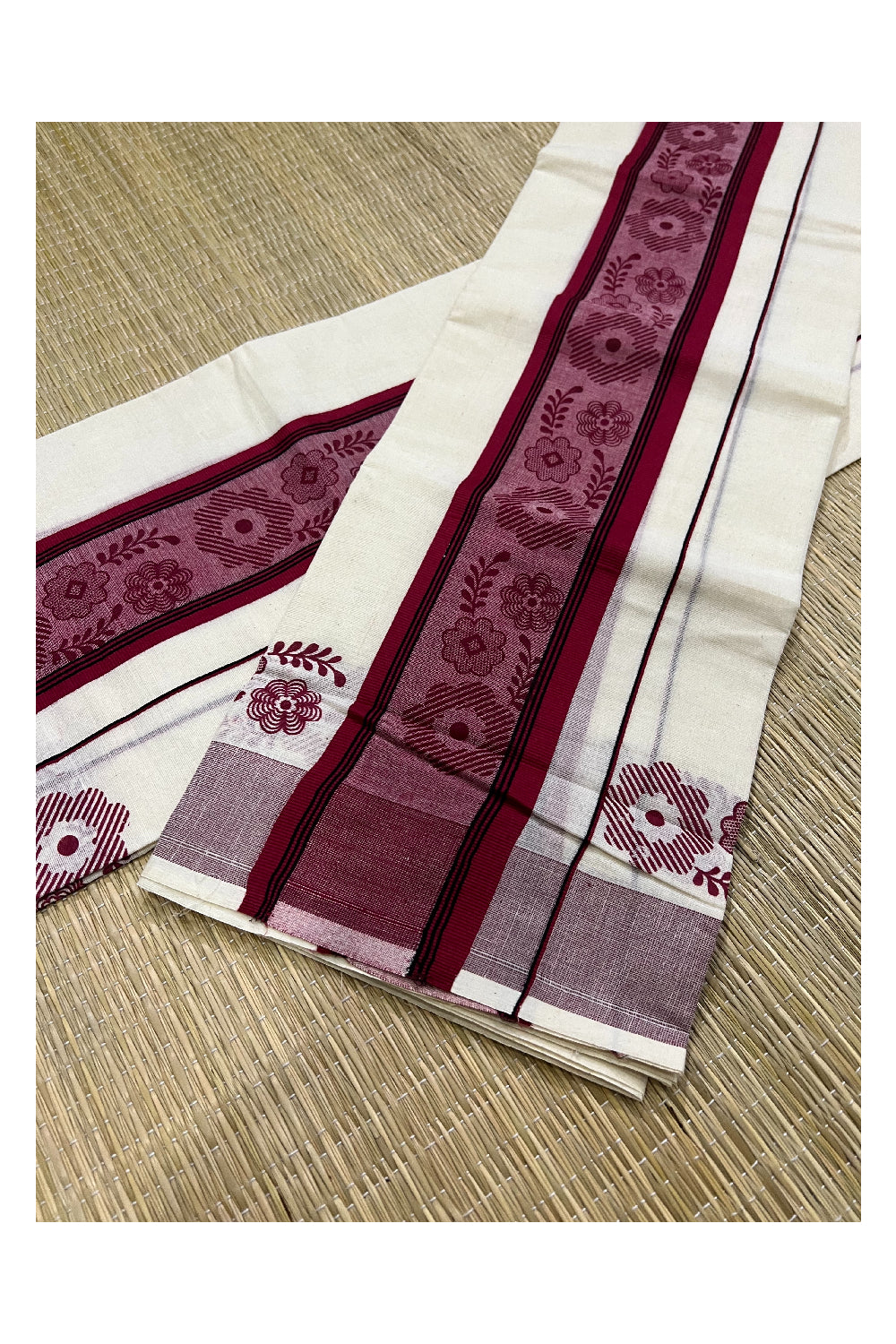 Kerala Cotton Set Mundu (Mundum Neriyathum) with Maroon Floral Block Prints on Border