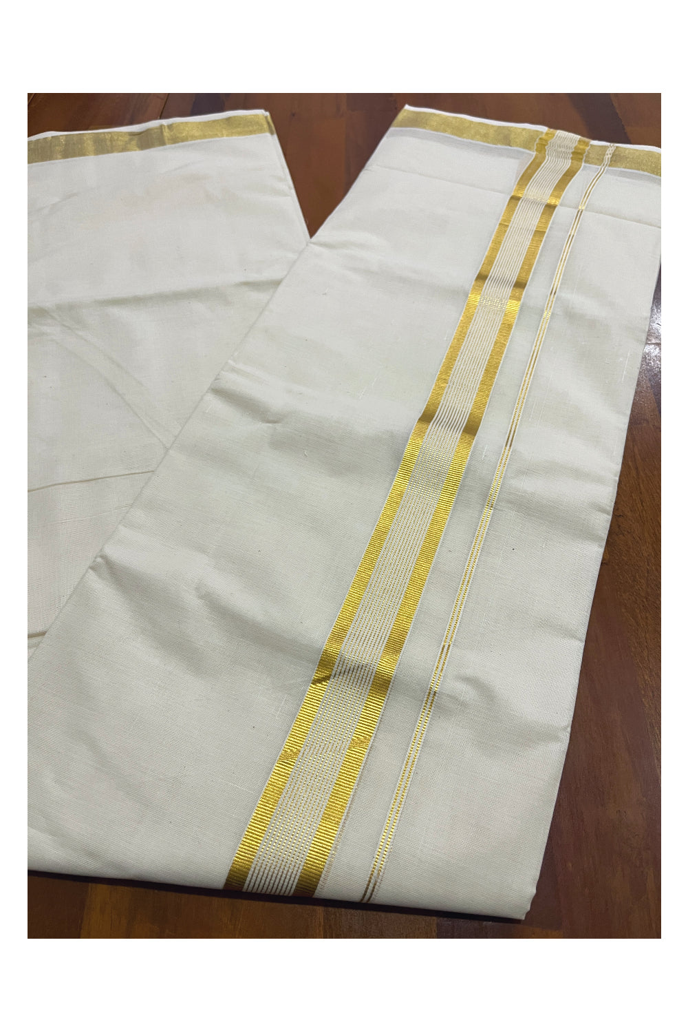 Pure Cotton Double Mundu with Kasavu Line Kara (South Indian Kerala Dhoti)