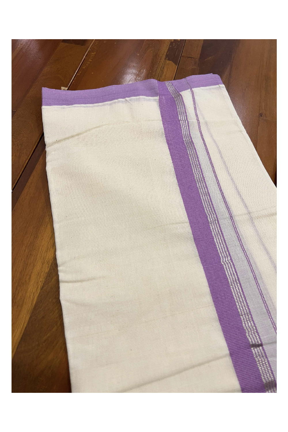 Off White Pure Cotton Double Mundu with SIlver Kasavu and Violet Kara (South Indian Dhoti)