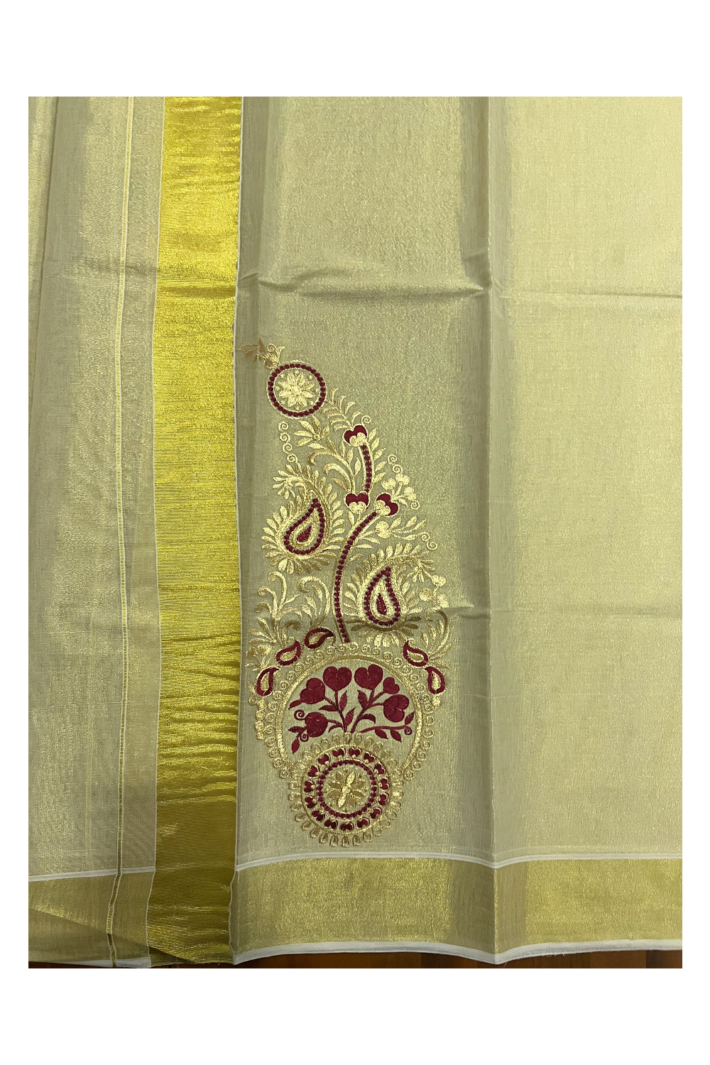 Kerala Tissue Kasavu Set Mundu (Mundum Neriyathum) with Floral Embroidery Work