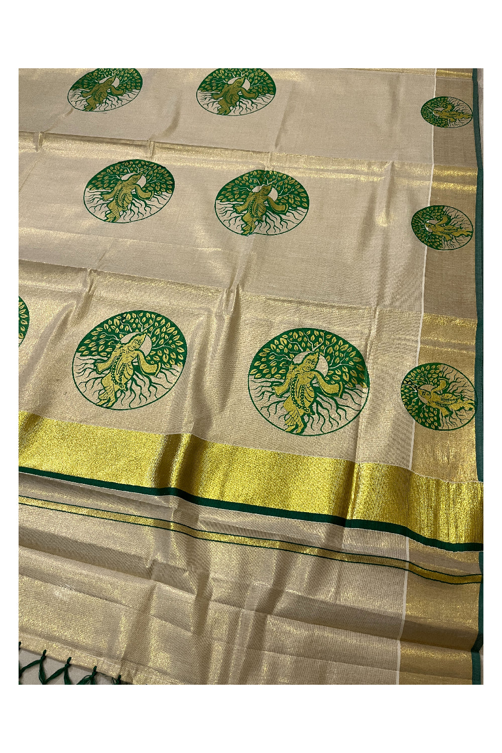 Kerala Tissue Kasavu Green Golden Krishna Block Printed Design Saree