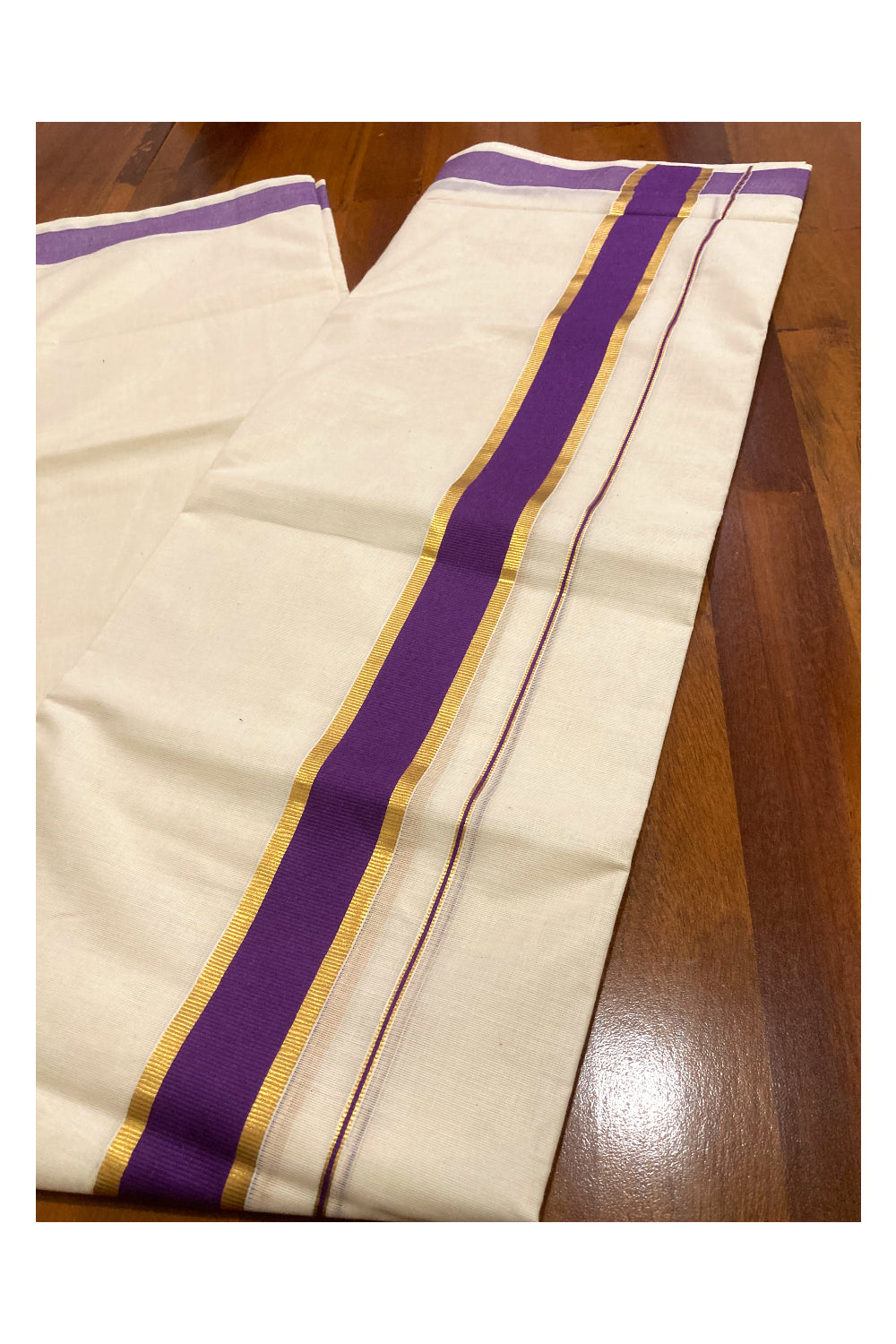 Pure Cotton Off White Double Mundu with Violet and Kasavu Border (South Indian Dhoti)