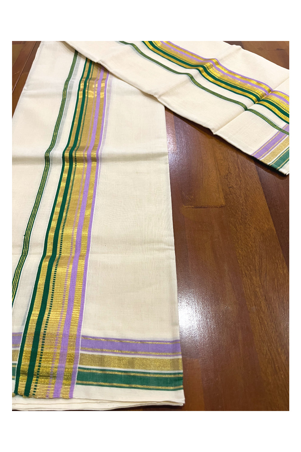 Pure Cotton Handloom Premium Kasavu Set Mundu (Mundu Neriyathum) with Green and Violet Border 2.80 Mtrs