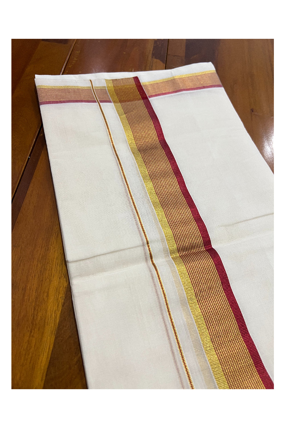 Southloom Kuthampully Handloom Pure Cotton Mundu with Golden and Red Kasavu Border (South Indian Dhoti)