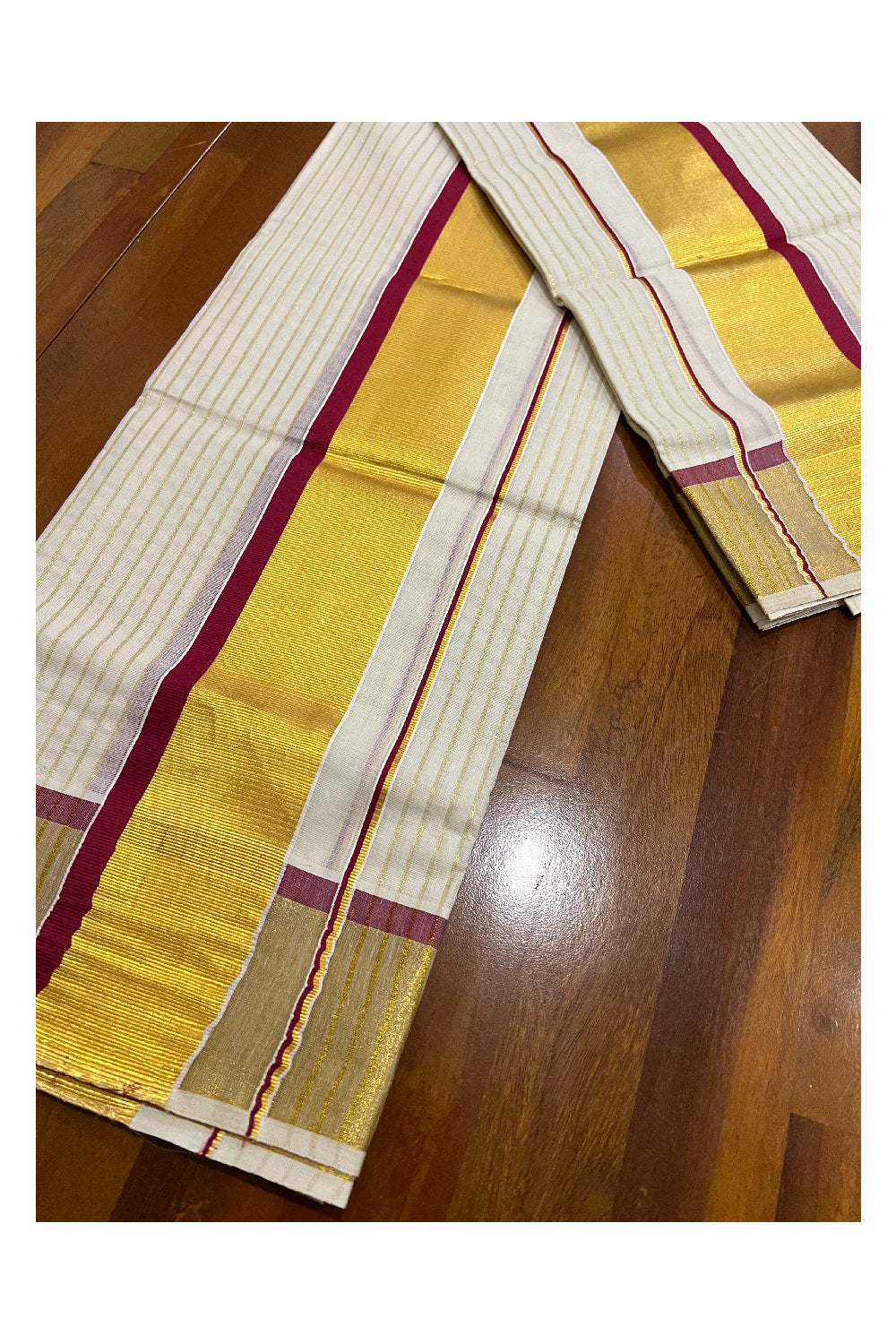 Kerala Cotton Set Mundu (Mundum Neriyathum) with Kasavu Stripes on Body and Maroon Border 2.80 Mtrs
