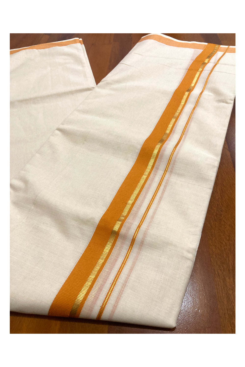 Pure Cotton Double Mundu with Orange and Kasavu Border (South Indian Dhoti)