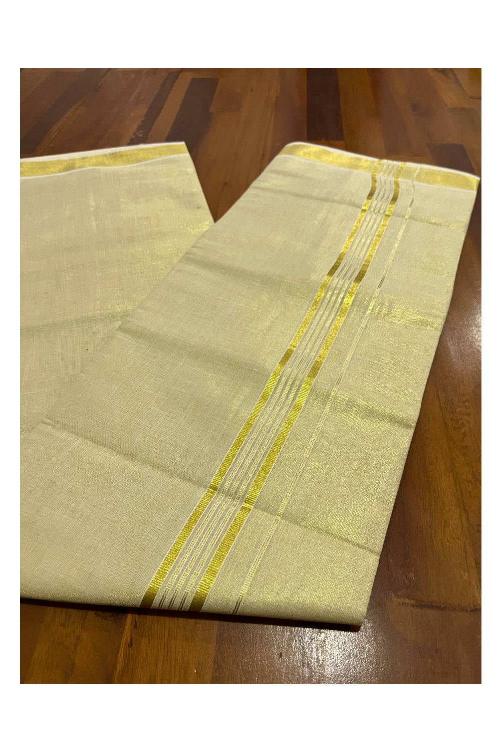 Kerala Tissue Double Mundu with Kasavu Lines Border (South Indian Dhoti)