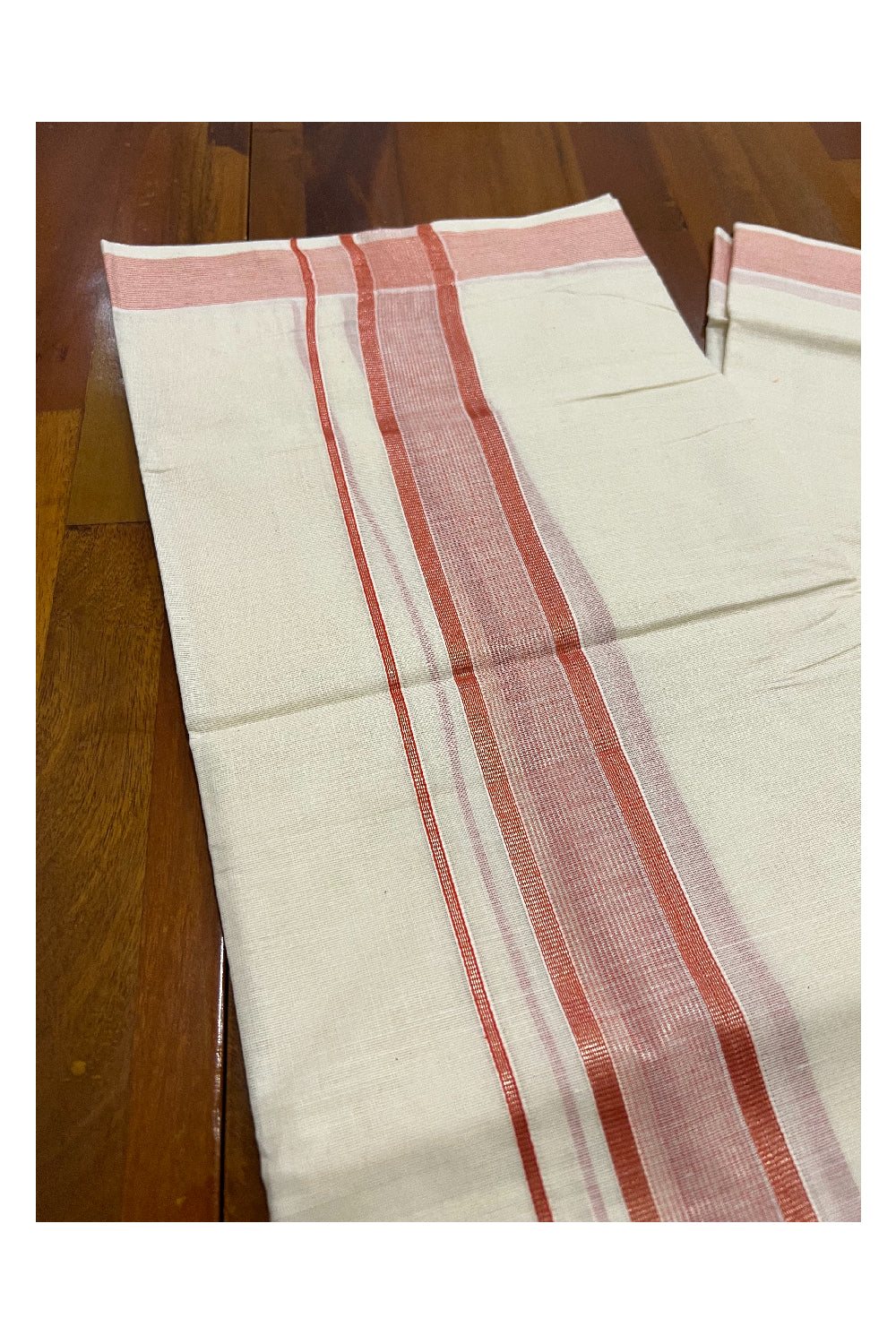 Pure Cotton Off White Double Mundu with Light Red and Silver Kasavu Border (South Indian Dhoti)