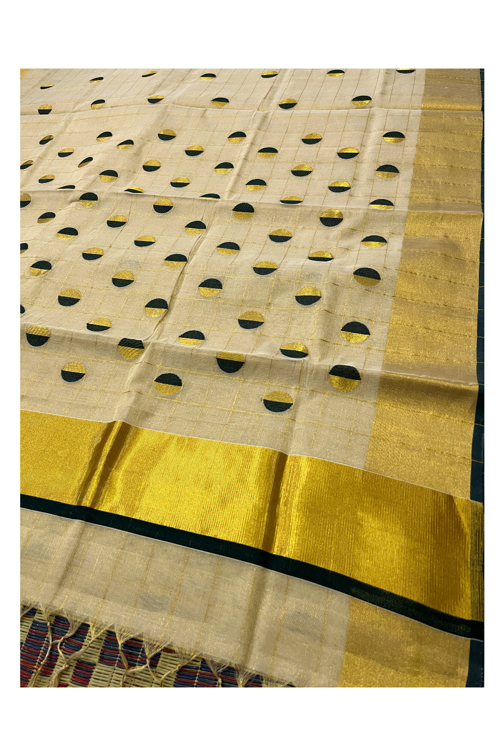 Southloom Premium Handloom Tissue Check Design Green and Golden Polka Work Saree