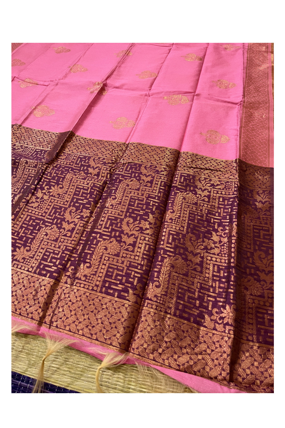 Southloom Cotton Silk Pink Designer Saree with Kasavu Woven Works on Pallu