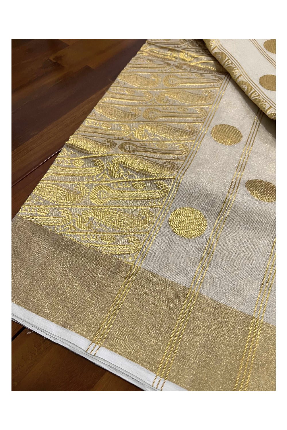 Southloom™ Original Handloom Kasavu Tissue Heavy Work Saree with Handwoven Polka Dots work