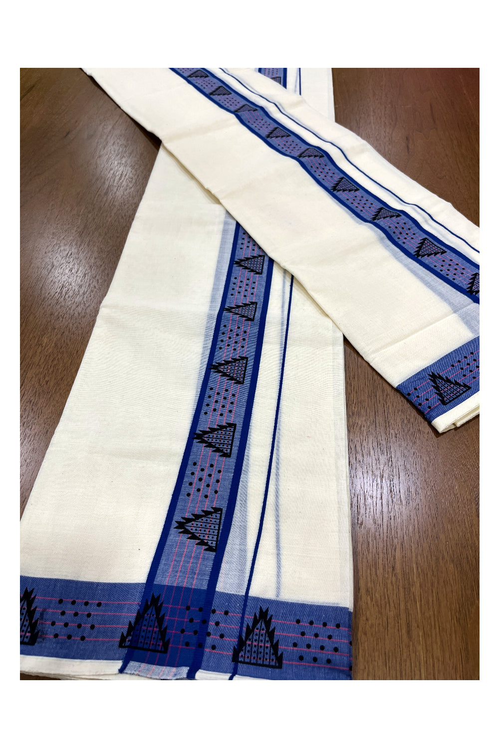 Kerala Cotton Set Mundu (Mundum Neriyathum) with Black Temple Block Prints on Blue Border 2.80 Mtrs