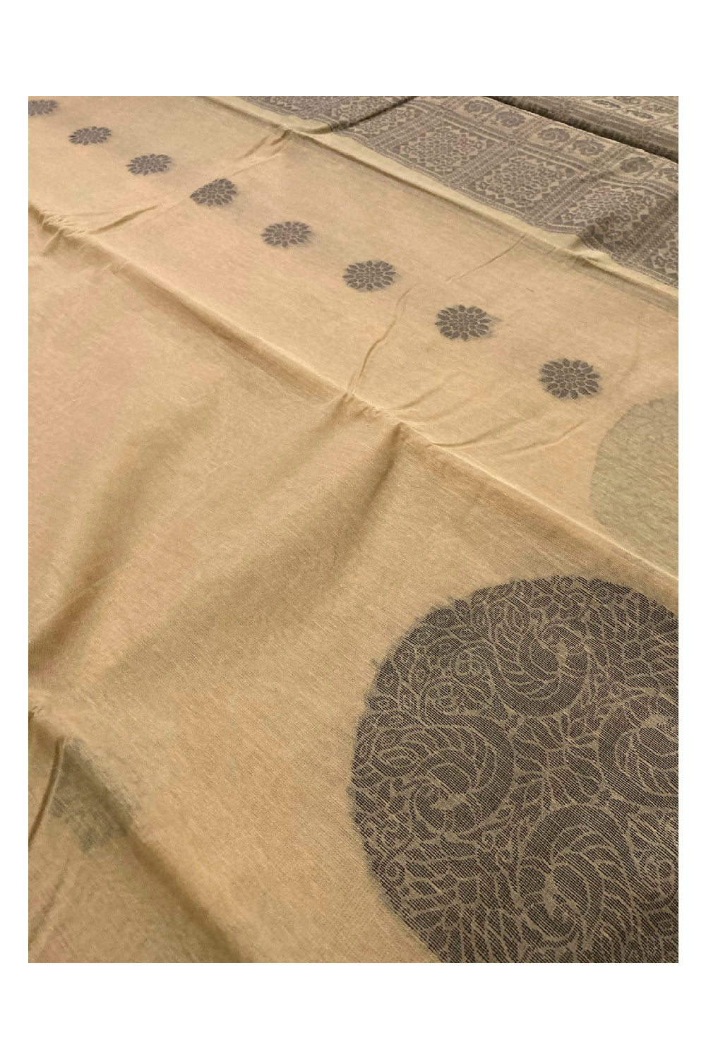 Southloom Sico Gadwal Semi Silk Saree in Light Brown with Peacock Motifs (Blouse Piece with Work)