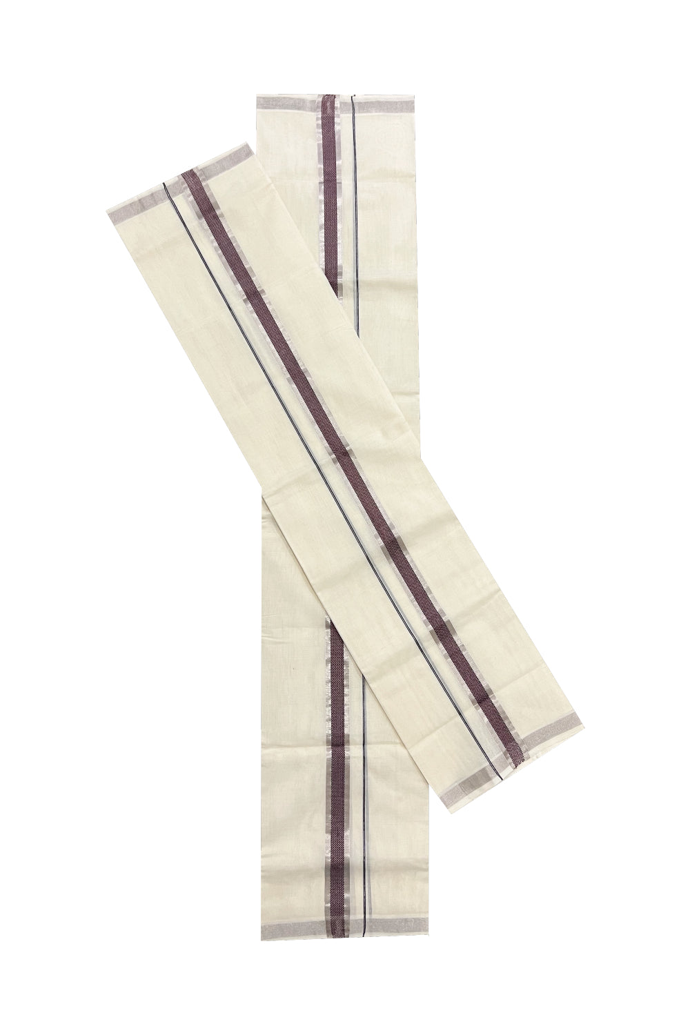 Southloom Premium Handloom Set Mundu with Silver Kasavu and Brown Maroon Woven Design Border