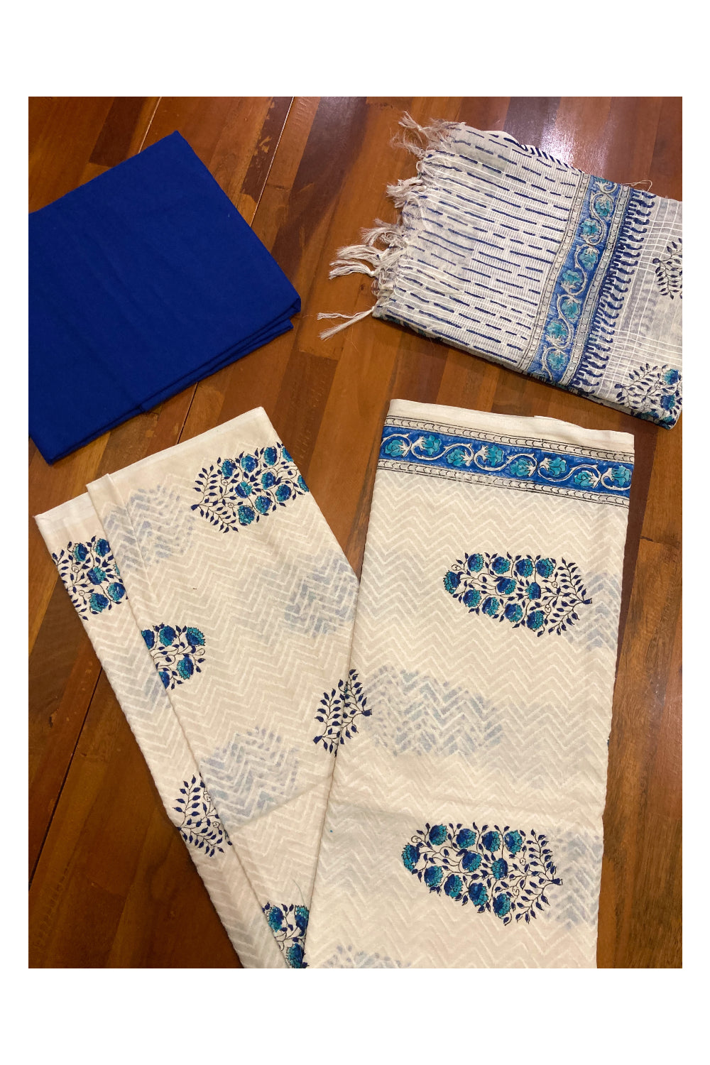 Southloom™ Cotton Churidar Salwar Suit Material in Off White with Blue Floral Printed Design