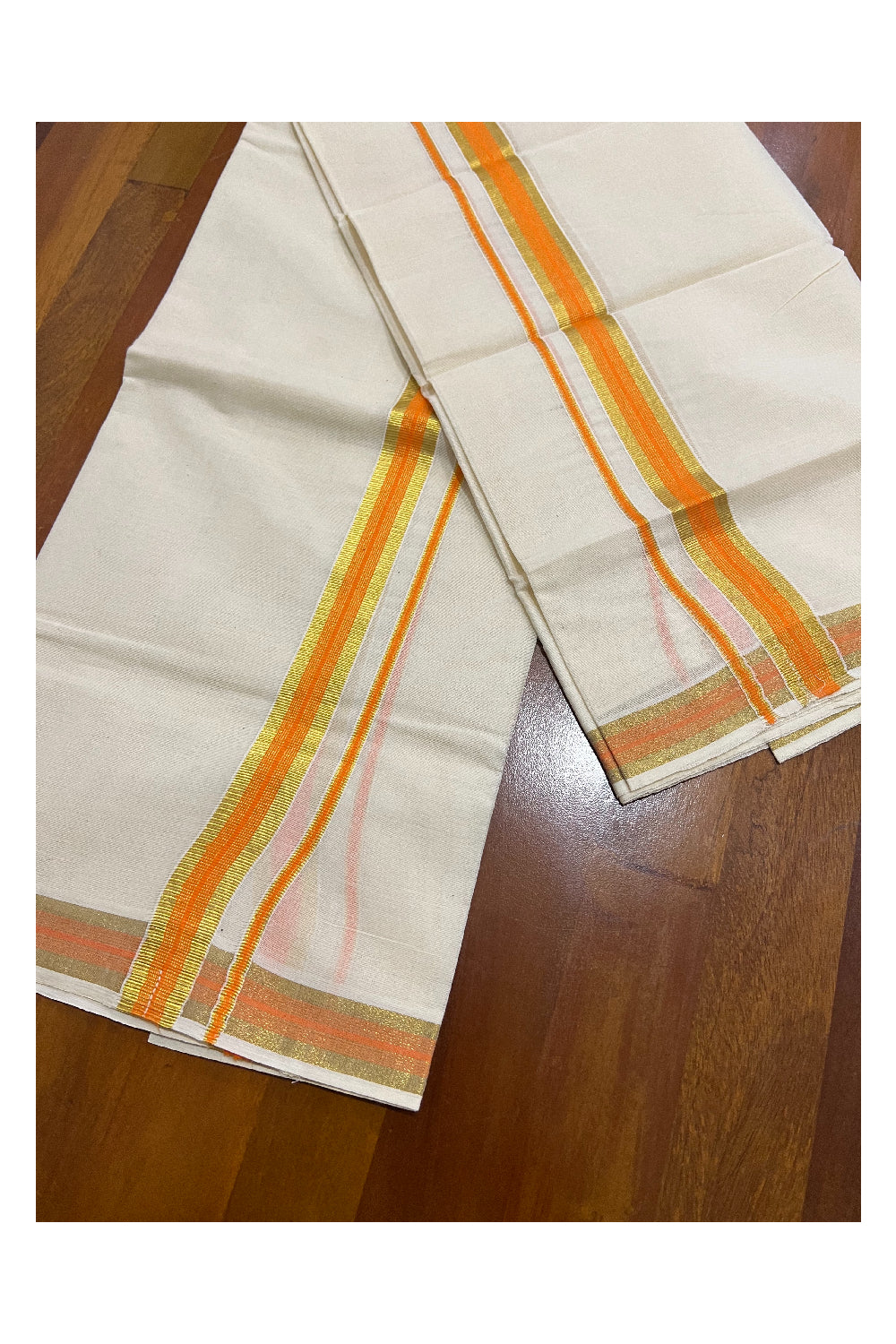 Kerala Cotton Mundum Neriyathum Single (Set Mundu) with Kasavu and Light Orange Border 2.80 Mtrs