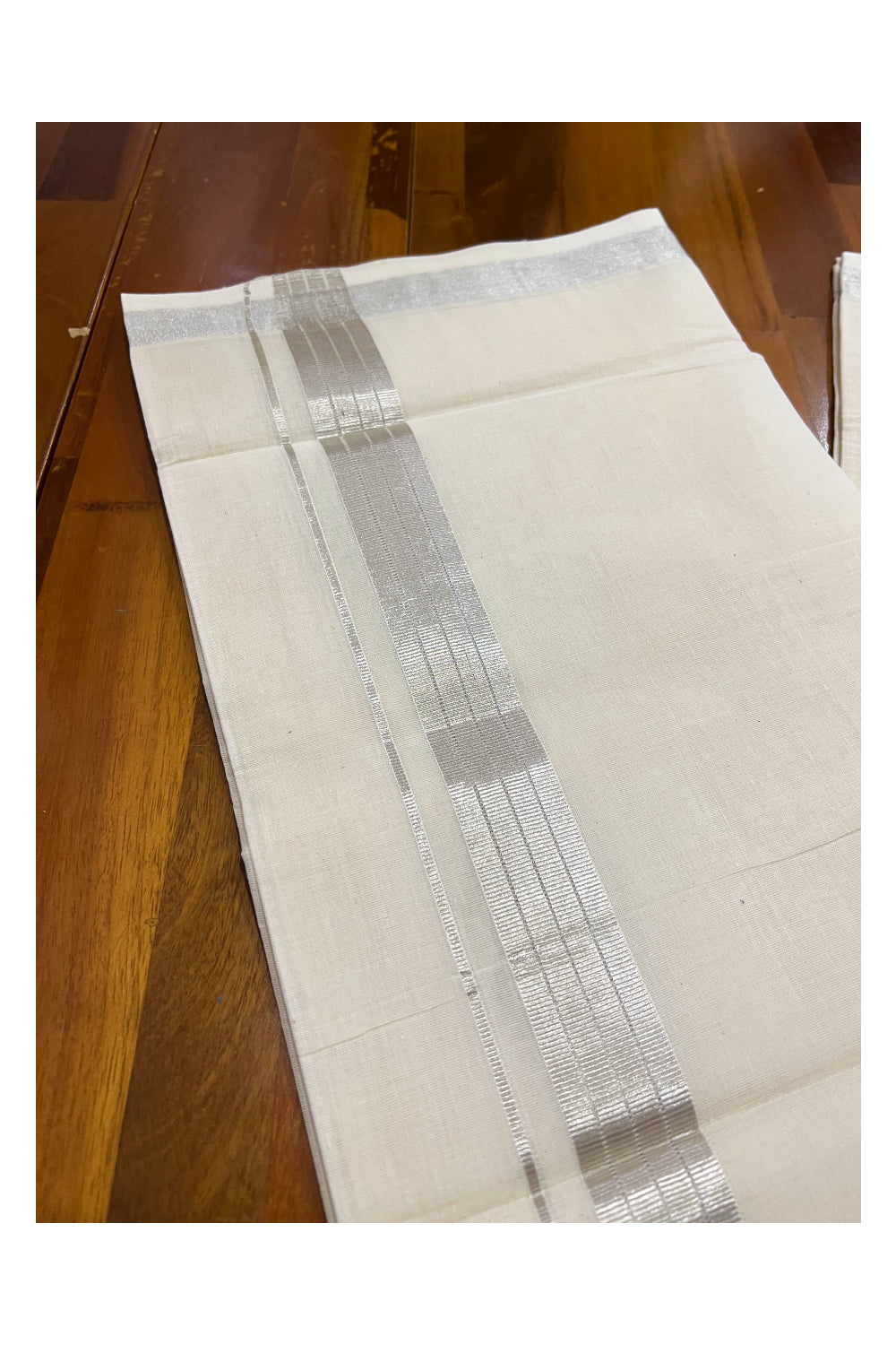 Southloom Super Premium Unakkupaavu Handloom Double Mundu with White Lines on Silver Kasavu Border