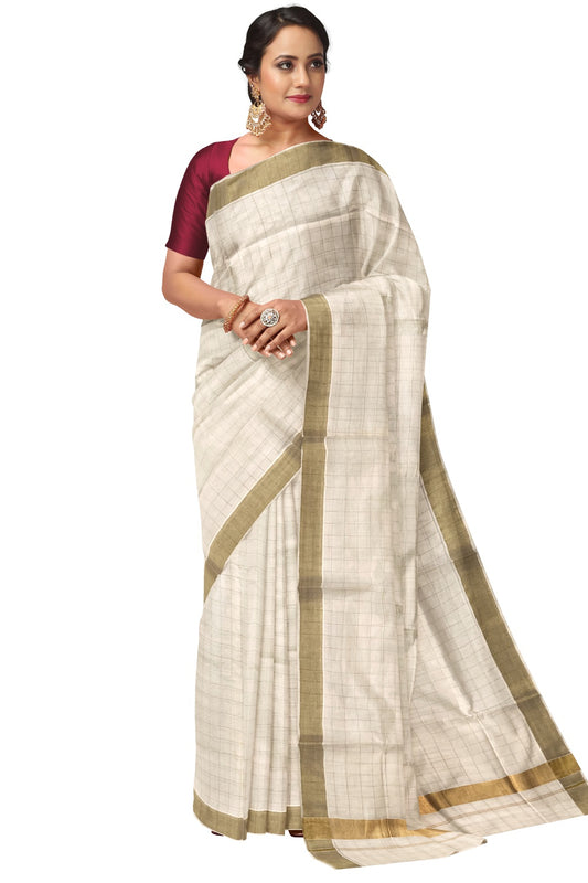 Pure Cotton Kerala Kasavu Check Design Saree with 2x2 inch Border