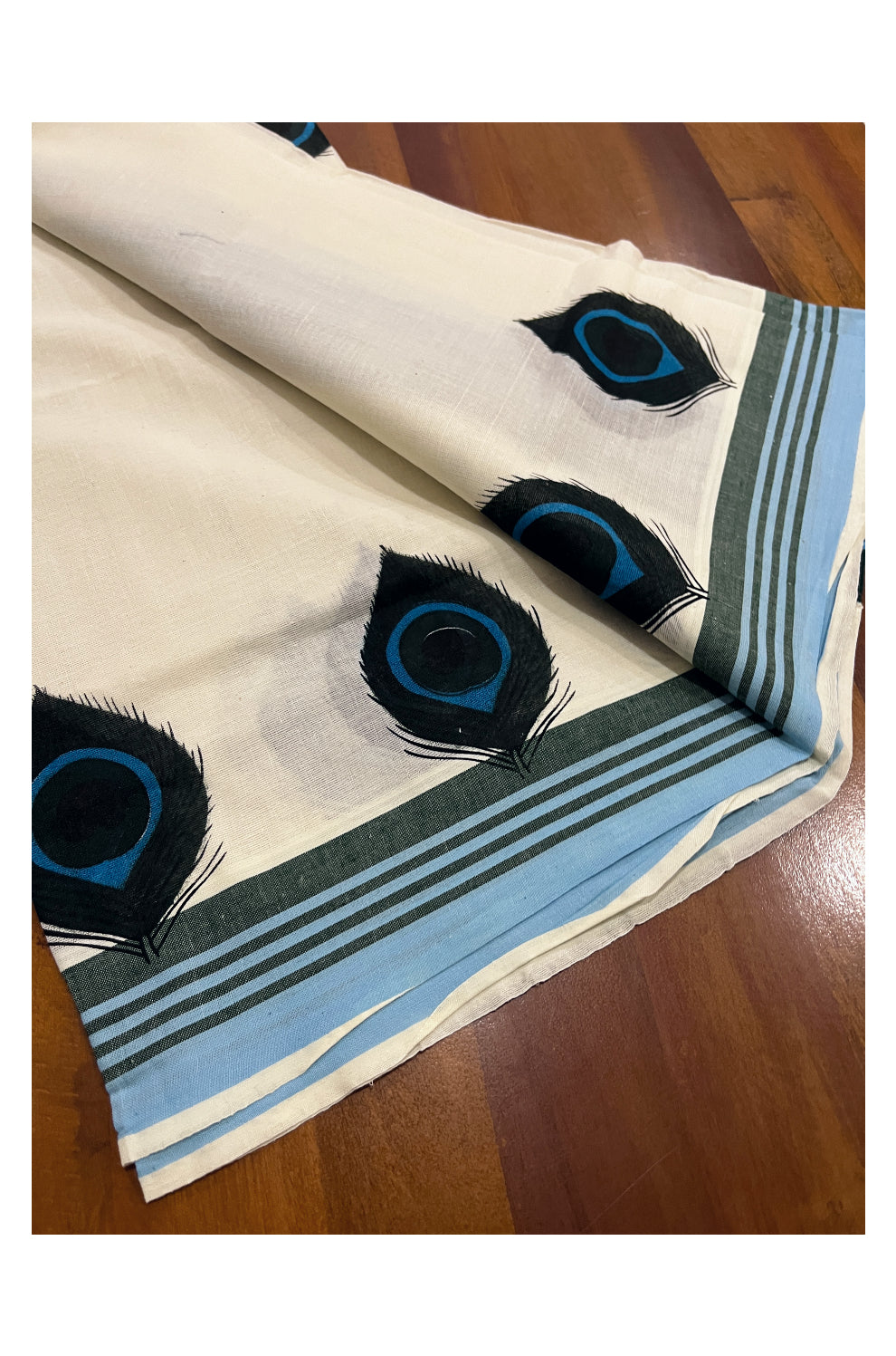 Kerala Cotton Set Mundu (Mundum Neriyathum) with Green Mural Feather Prints and Blue Green Border