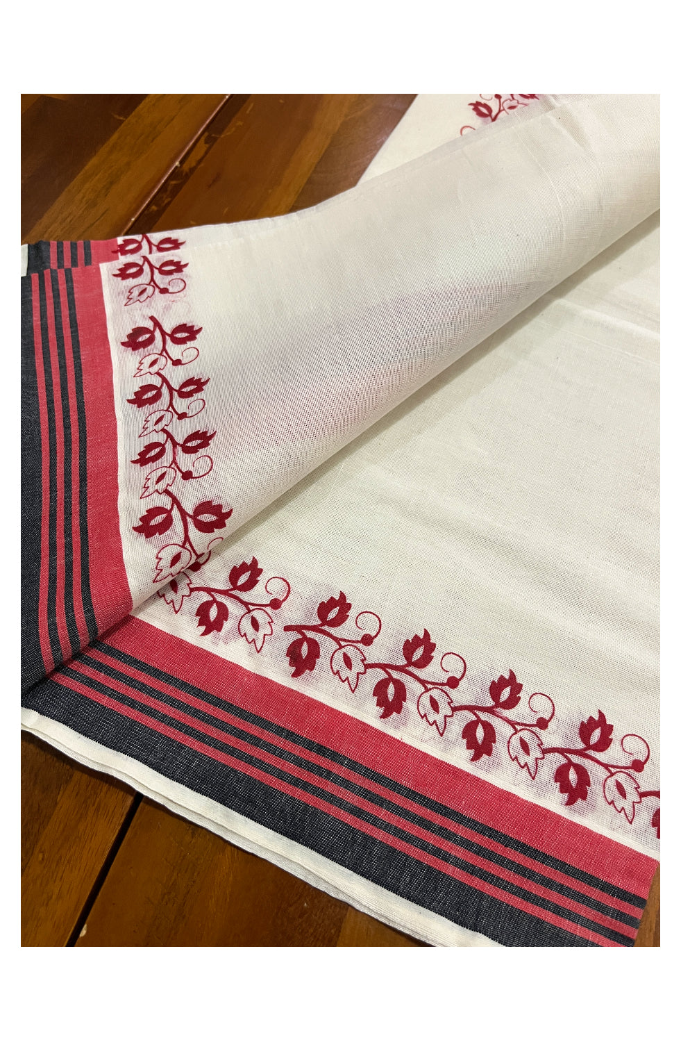 Kerala Cotton Set Mundu (Mundum Neriyathum) with Floral Prints on Black Red Border