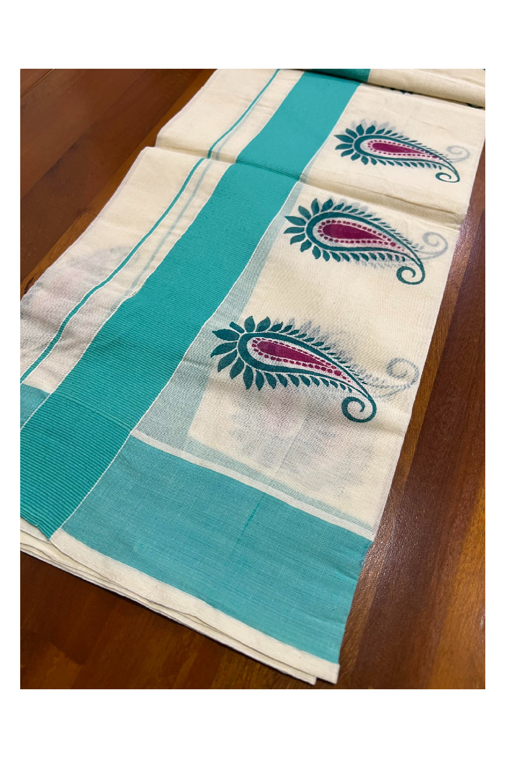 Kerala Cotton Single Mundum Neriyathum (Set Mundu) with Block Prints on Turquoise Border 2.80 Mtrs