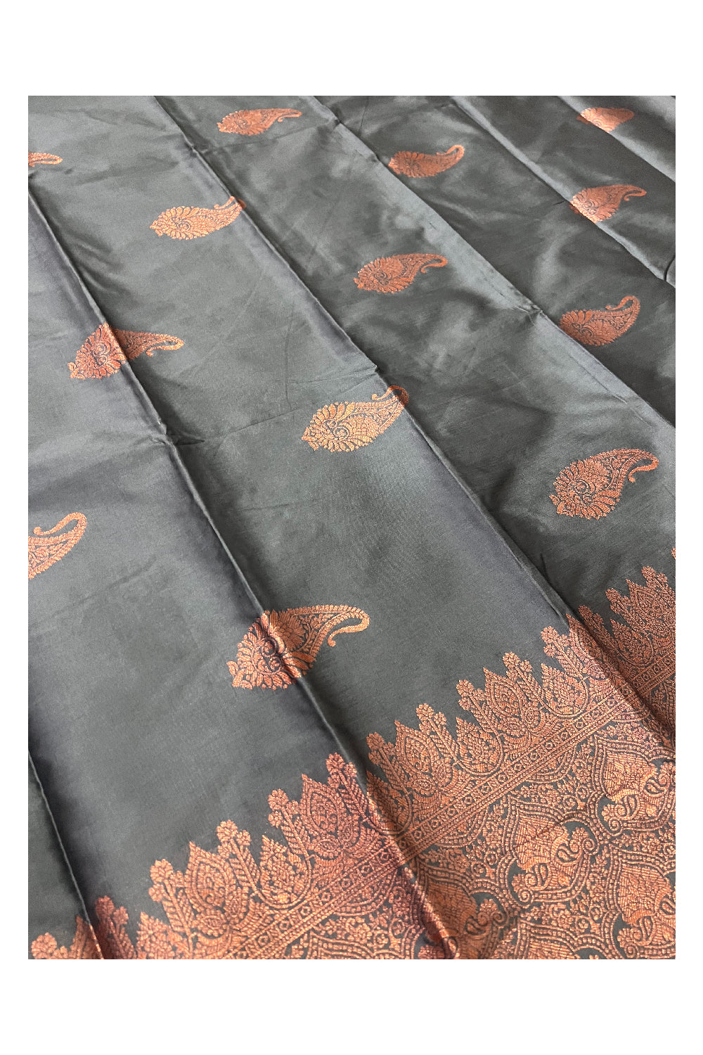 Southloom Grey Semi Silk Designer Saree with Copper Kasavu Woven Works on Body