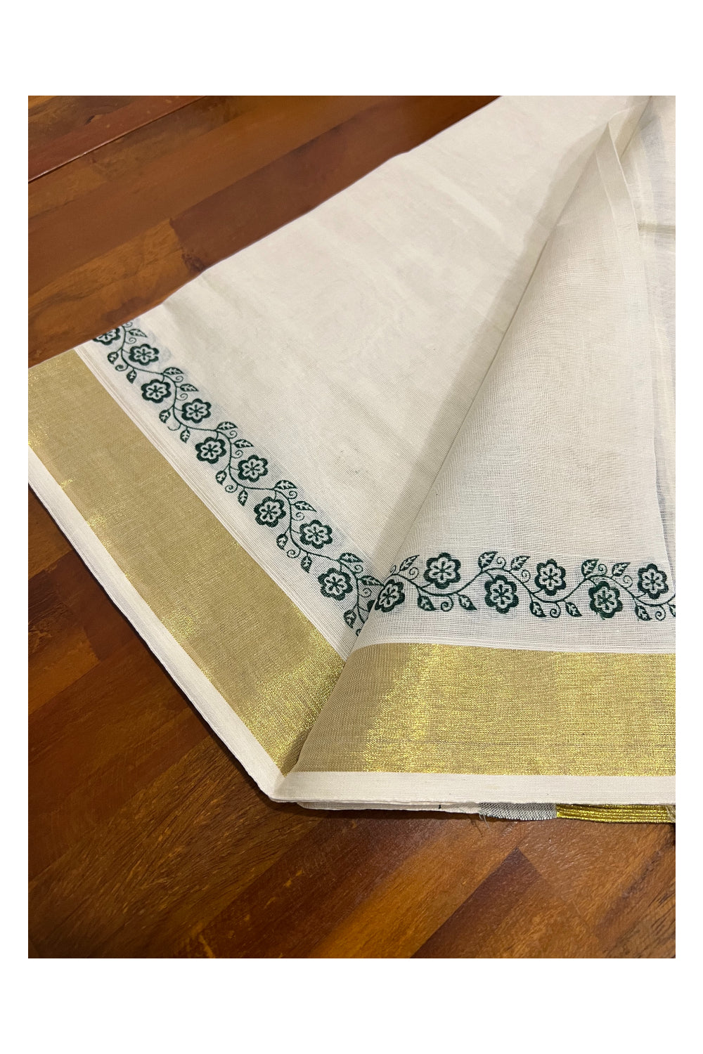 Pure Cotton Kasavu Set Mundu (Mundum Neriyathum) with Dark Green Floral Block Prints on Border