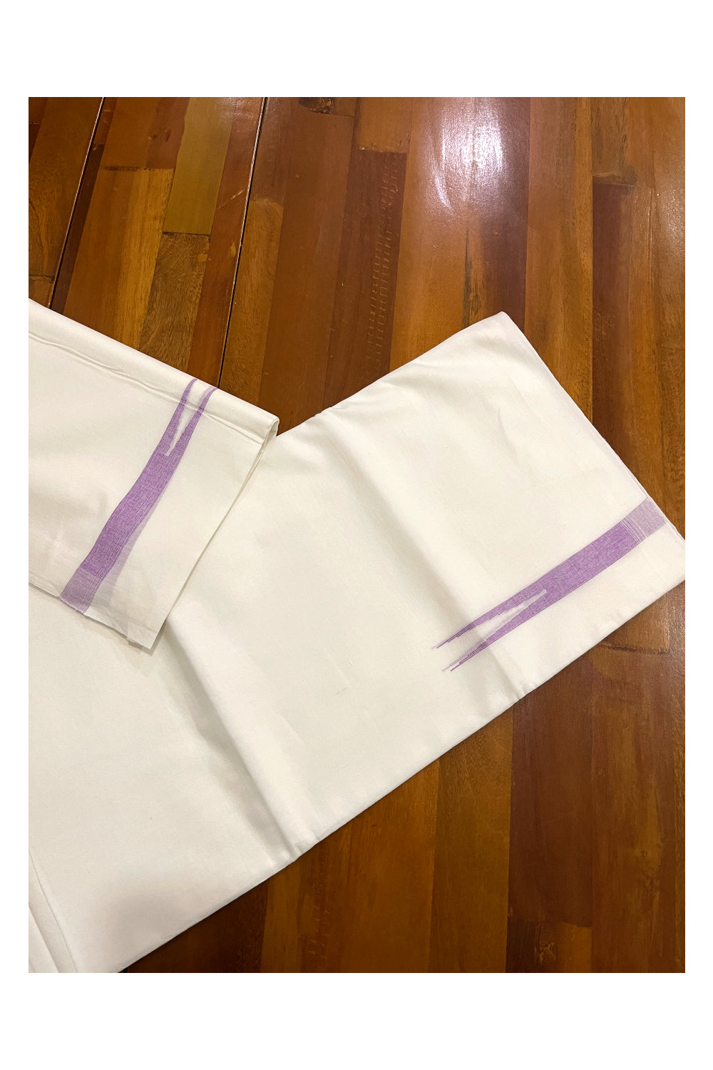 Pure White Cotton Double Borderless Mundu with Violet Chutti Design on Bottom (South Indian Kerala Dhoti)