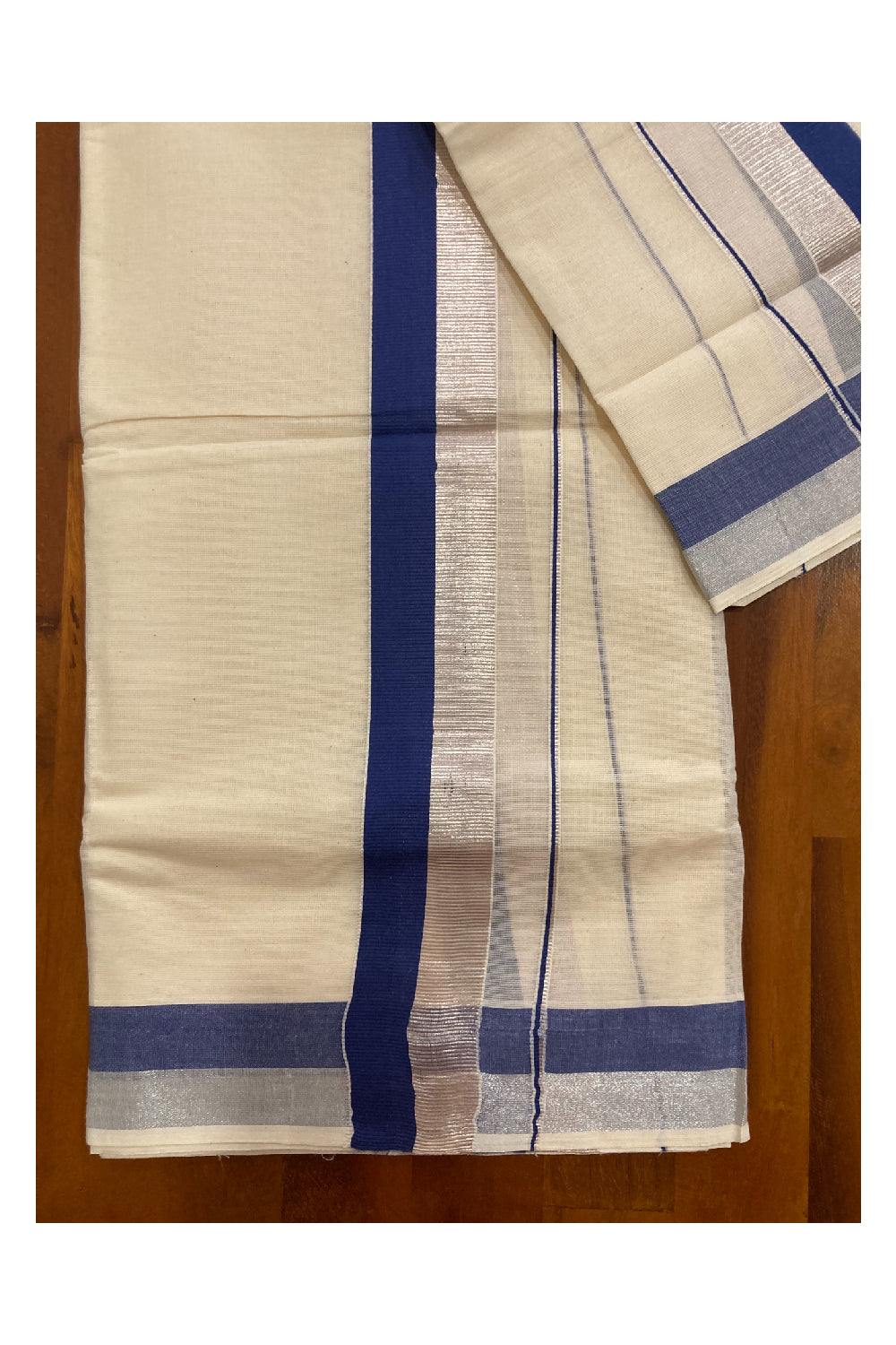 Kerala Cotton Double Set Mundu with Blue and Silver Kasavu Border (2.80 m Mundum Neriyathum)