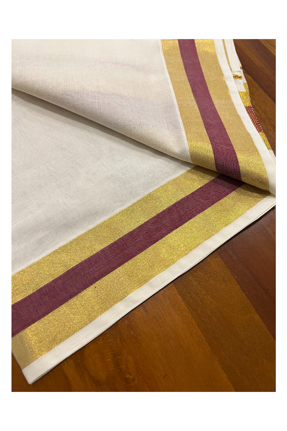 Southloom Premium Handloom Set Mundu with Kasavu and Dark Red Border 2.80 Mtrs