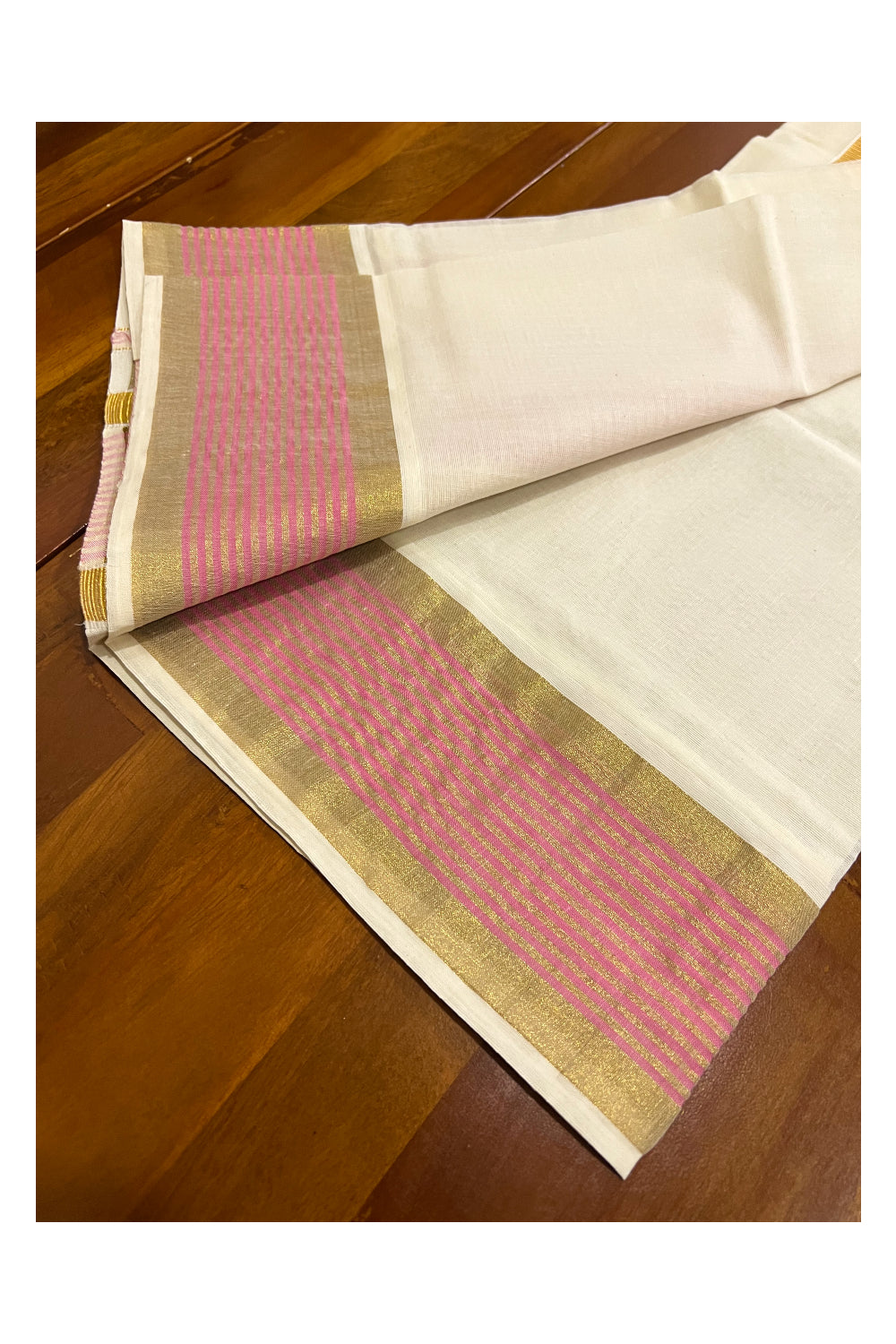 Kerala Cotton Single Set Mundu (Mundum Neriyathum) with Pink Lines and Kasavu Border