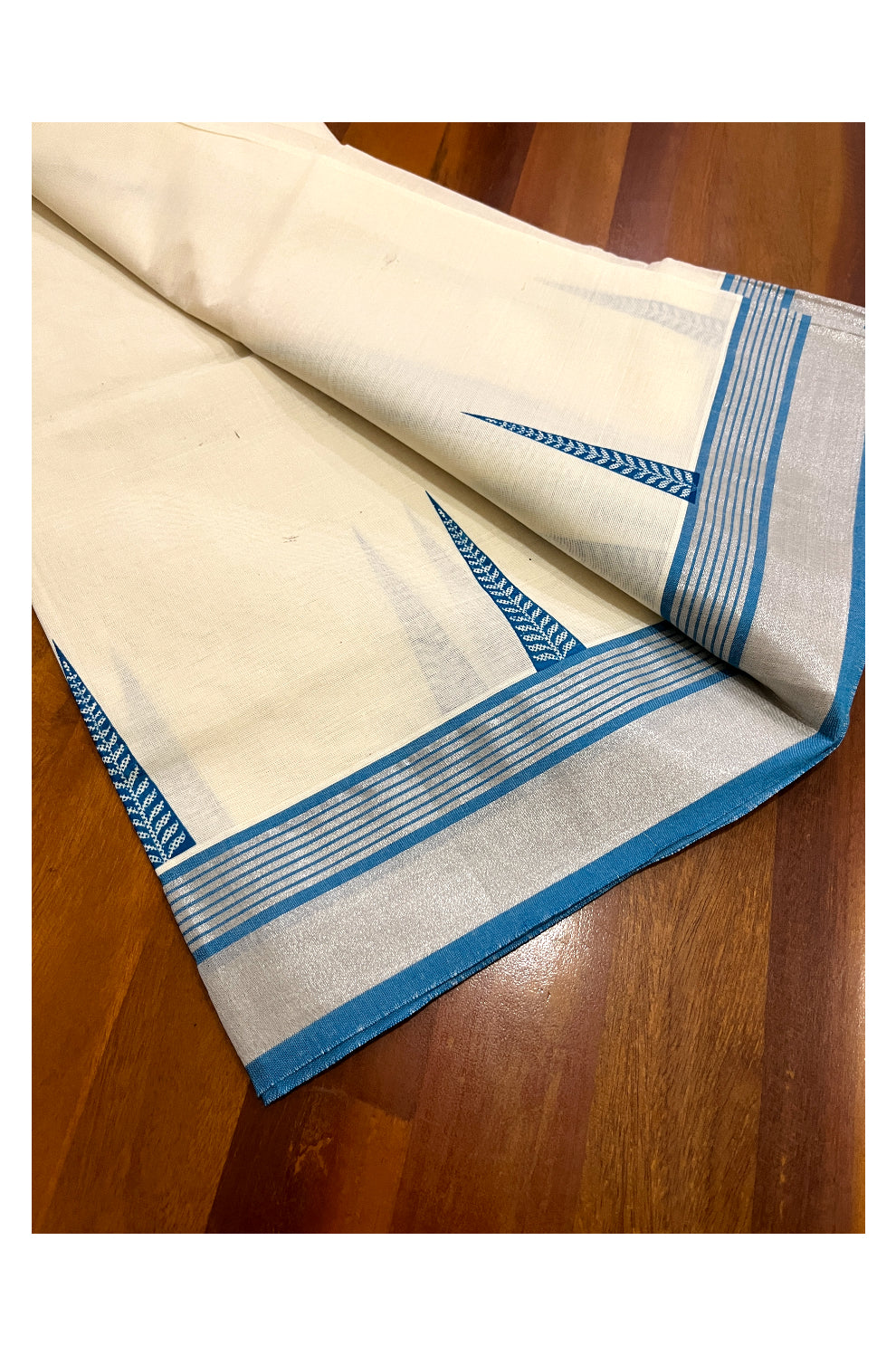 Pure Cotton SIlver Kasavu Single Set Mundu (Mundum Neriyathum Vishu 2023) with Blue Block Prints 2.80 Mtrs