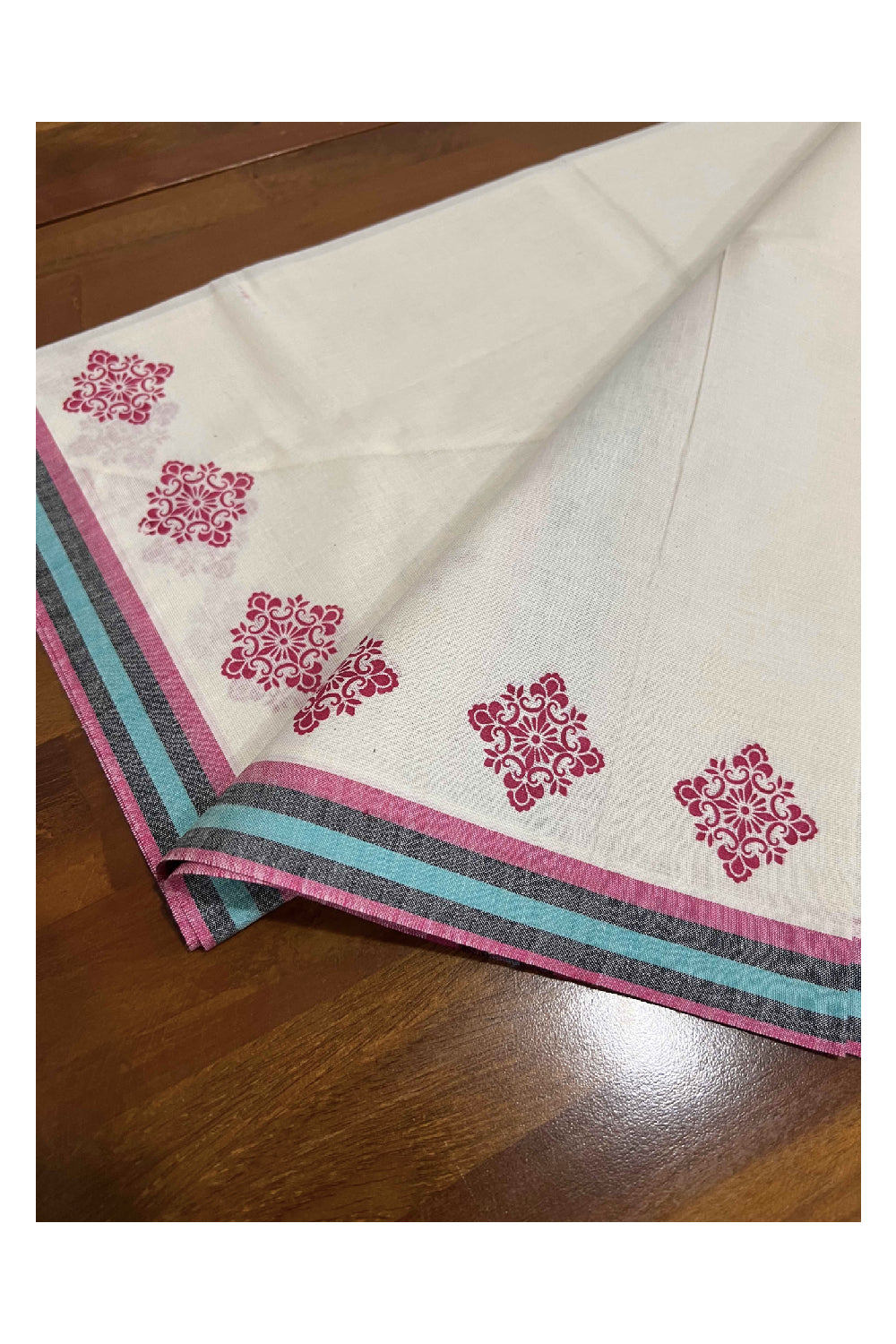 Kerala Cotton Mulloth Mundum Neriyathum Single (Set Mundu) with Pink Floral Block Print Border (Extra Soft Cotton)