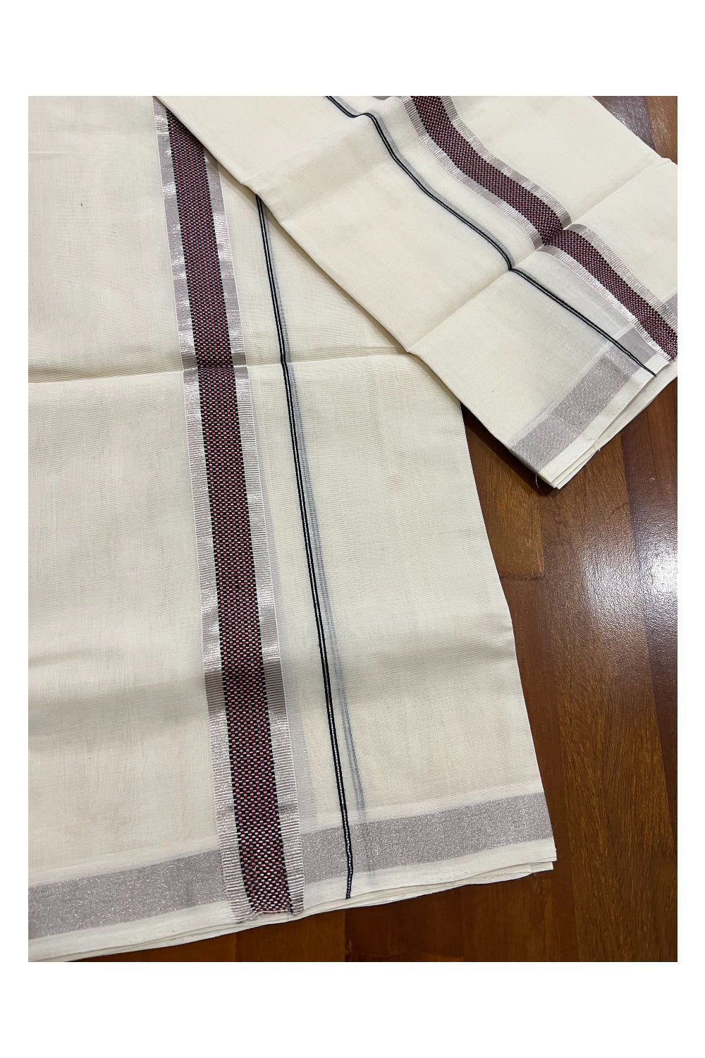 Southloom Premium Handloom Set Mundu with Silver Kasavu and Brown Maroon Woven Design Border