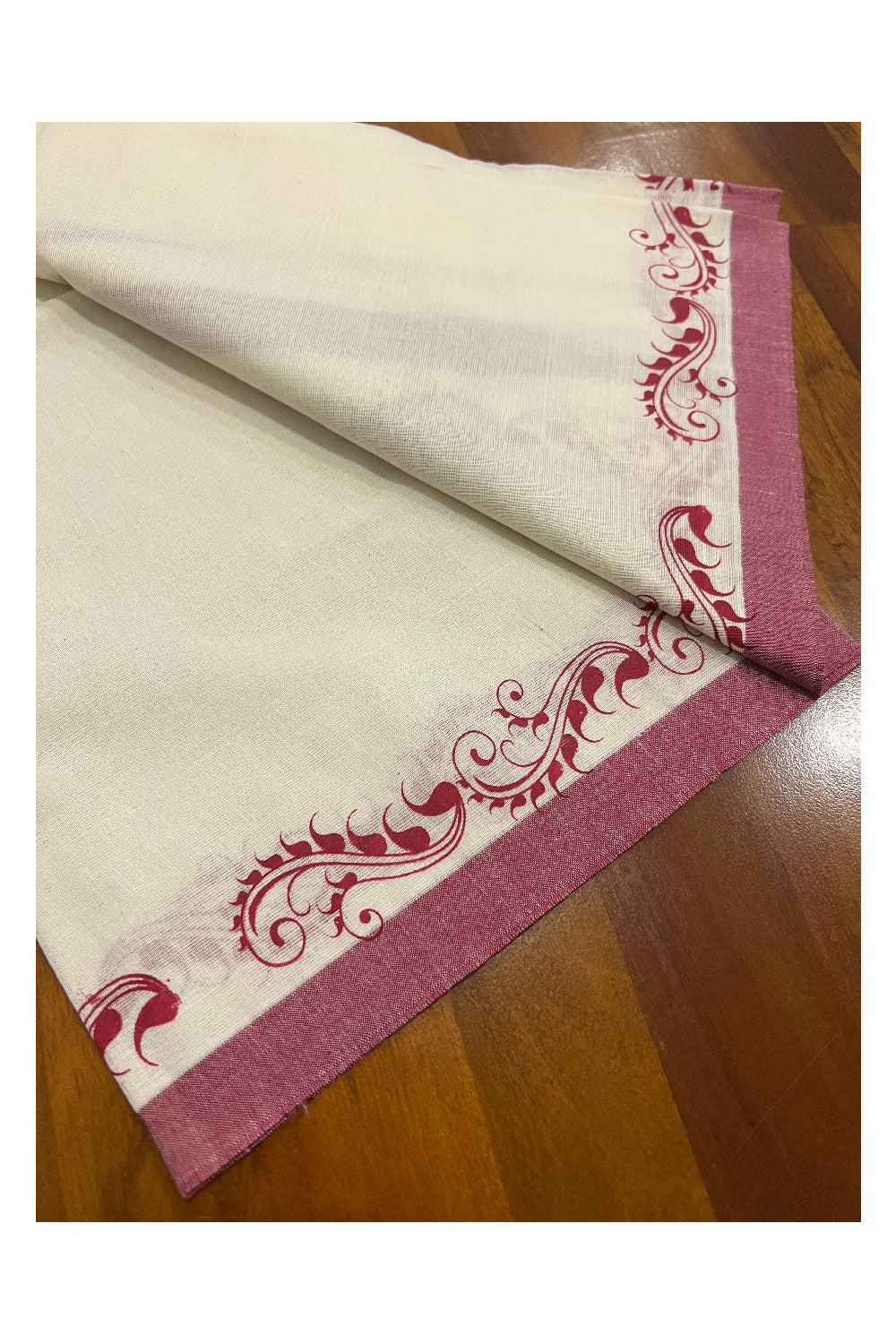 Pure Cotton Set Mundu (Mundum Neriyathum) with Maroon Block Prints on Border