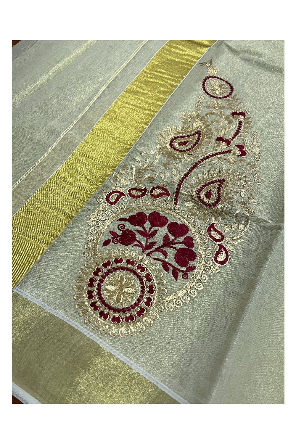 Kerala Tissue Kasavu Set Mundu (Mundum Neriyathum) with Floral Embroidery Work