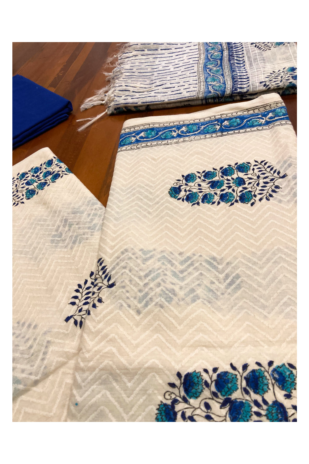 Southloom™ Cotton Churidar Salwar Suit Material in Off White with Blue Floral Printed Design