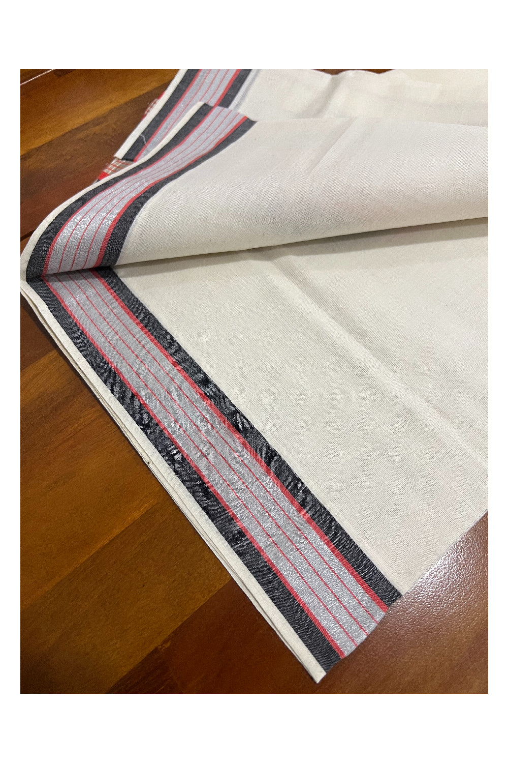 Pure Cotton Mundum Neriyathum Single (Set Mundu) with Silver Kasavu Black and Red Border 2.80 Mtrs