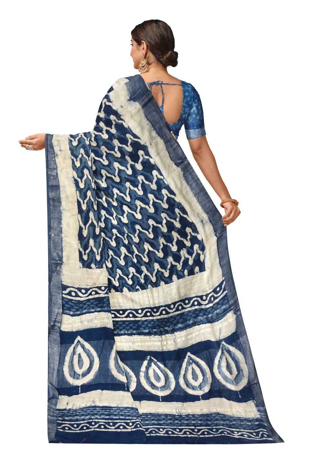 Southloom Linen Indigo Blue Saree with White Designer Prints and Tassels works on Pallu