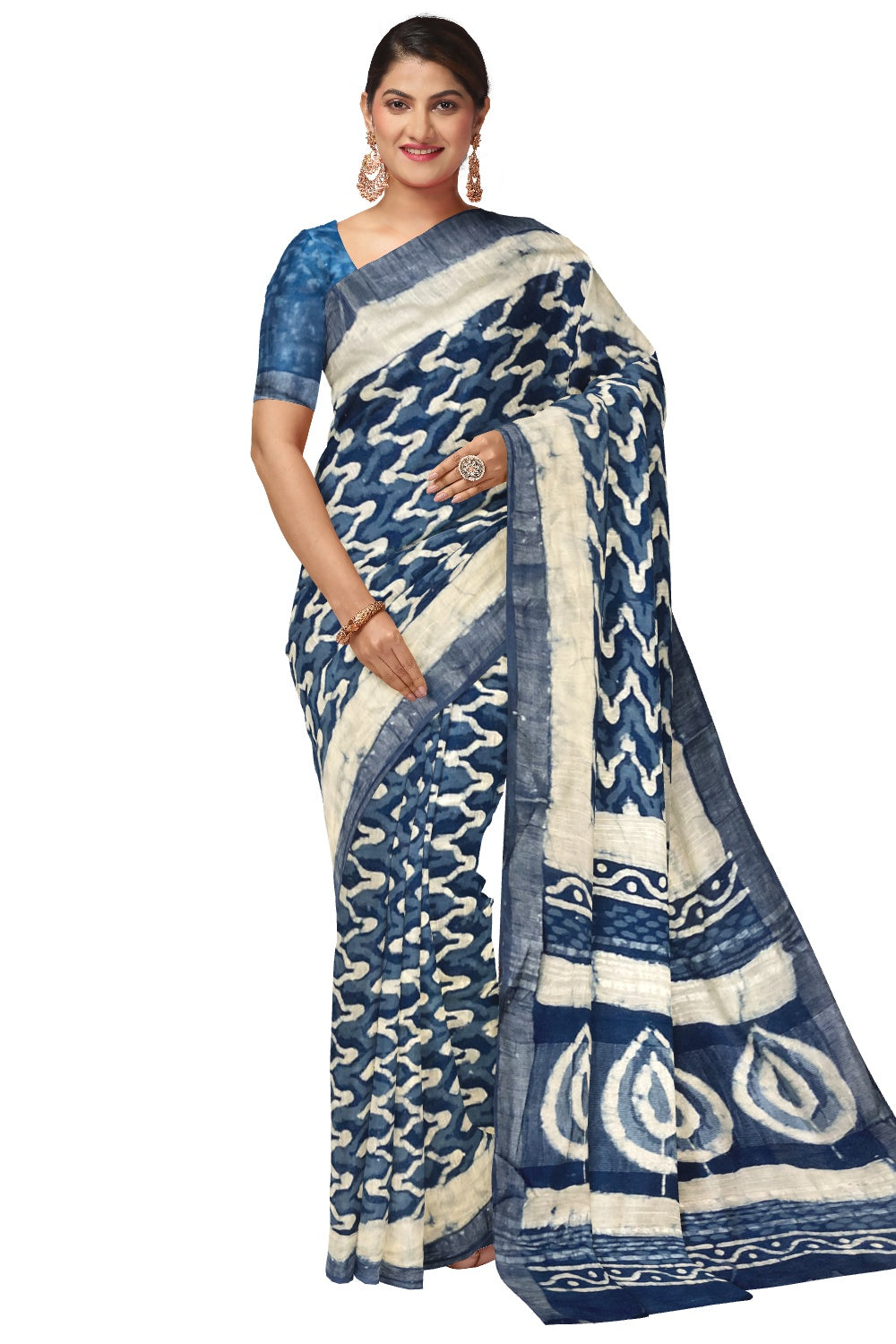 Southloom Linen Indigo Blue Saree with White Designer Prints and Tassels works on Pallu